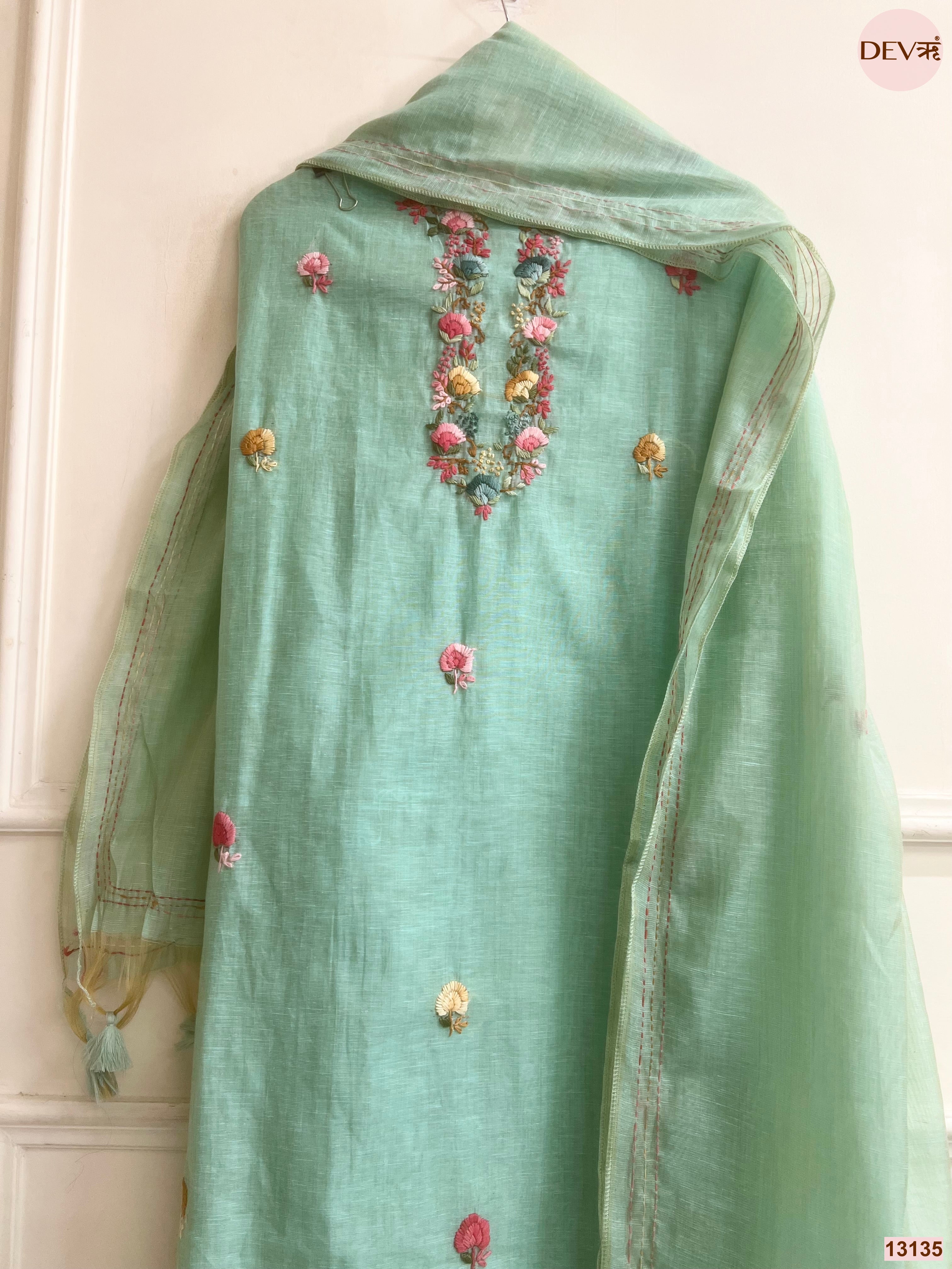 Mint Jamdani Cotton Embroidered Unstitched 3-Piece Suit (Devri – D.No 13135)