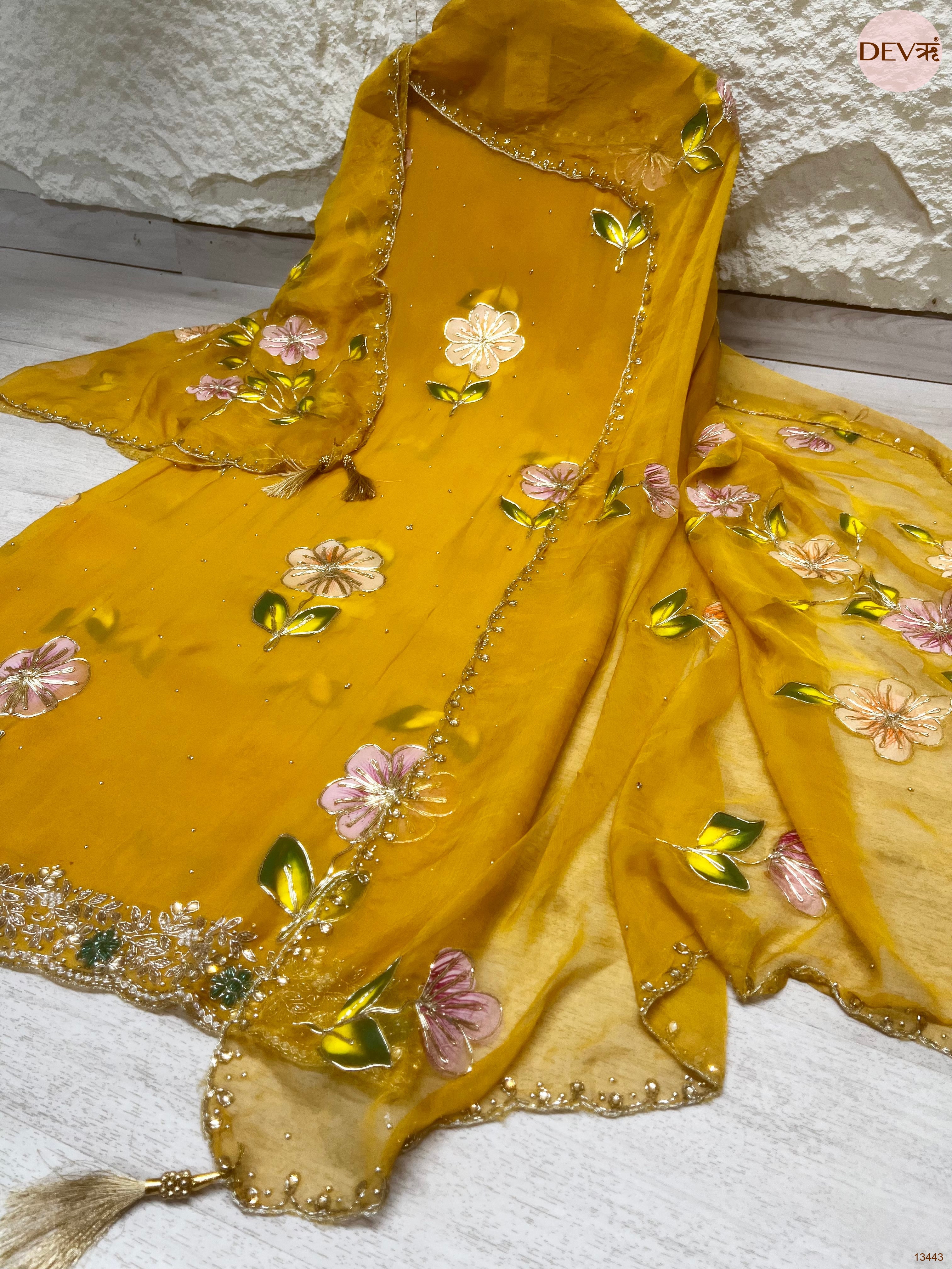 Mustard Handwork viscose organza Unstitched 3-Piece Suit (Devri – D.No 13443)