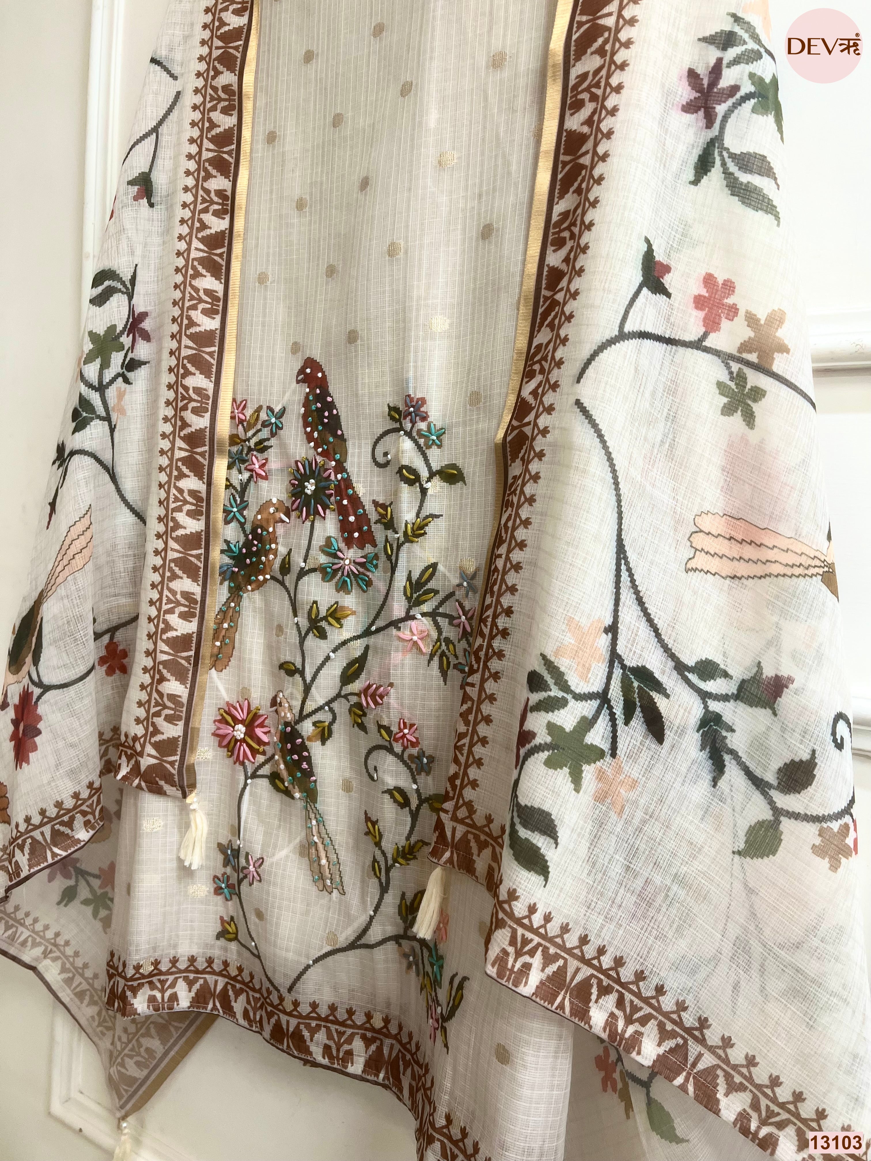 Cream Kota Printed Unstitched 3-Piece Suit (Devri – D.No 13103)