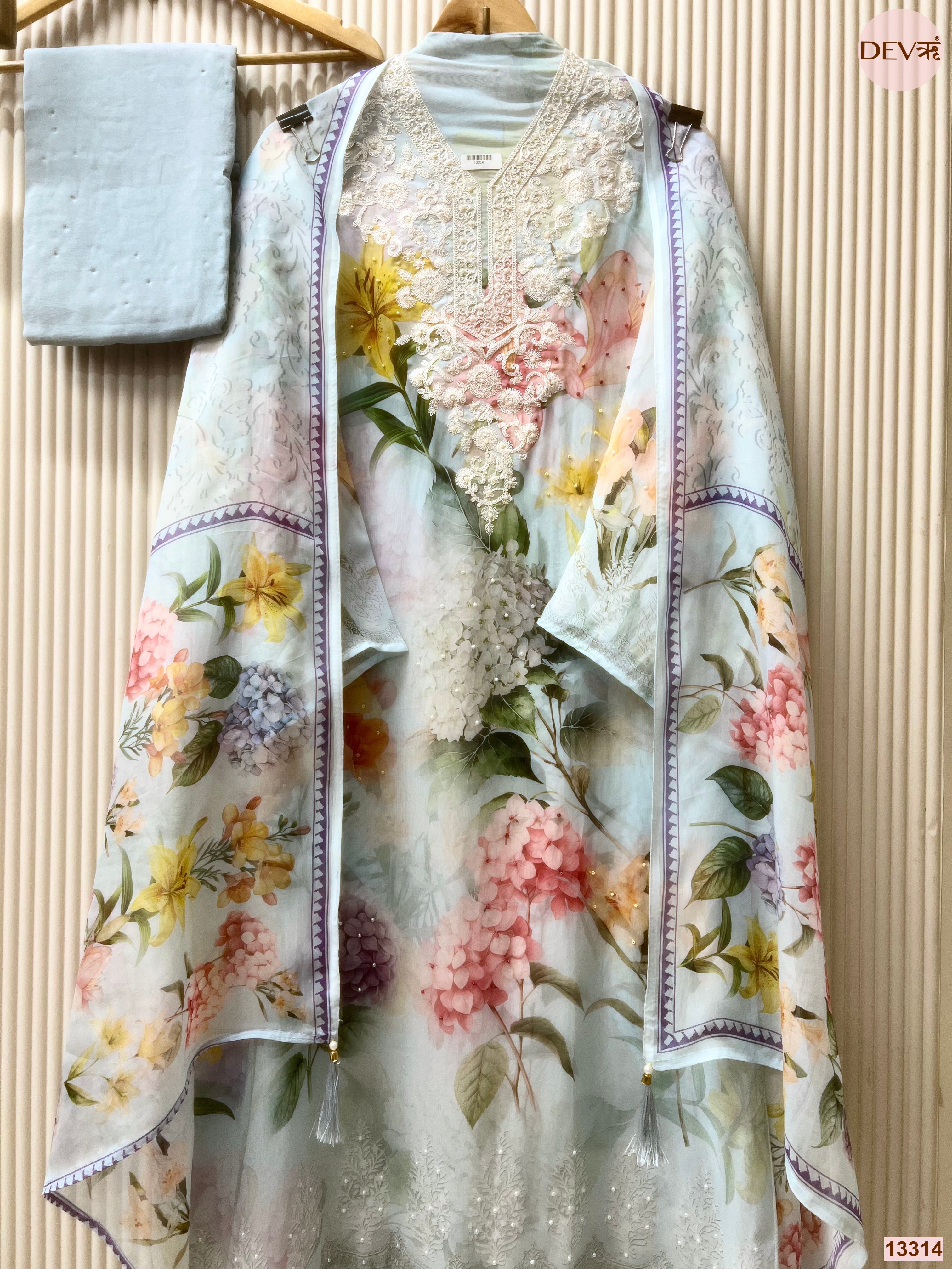 Blue Organza Printed Unstitched 3-Piece Suit (Devri – D.No 13314)