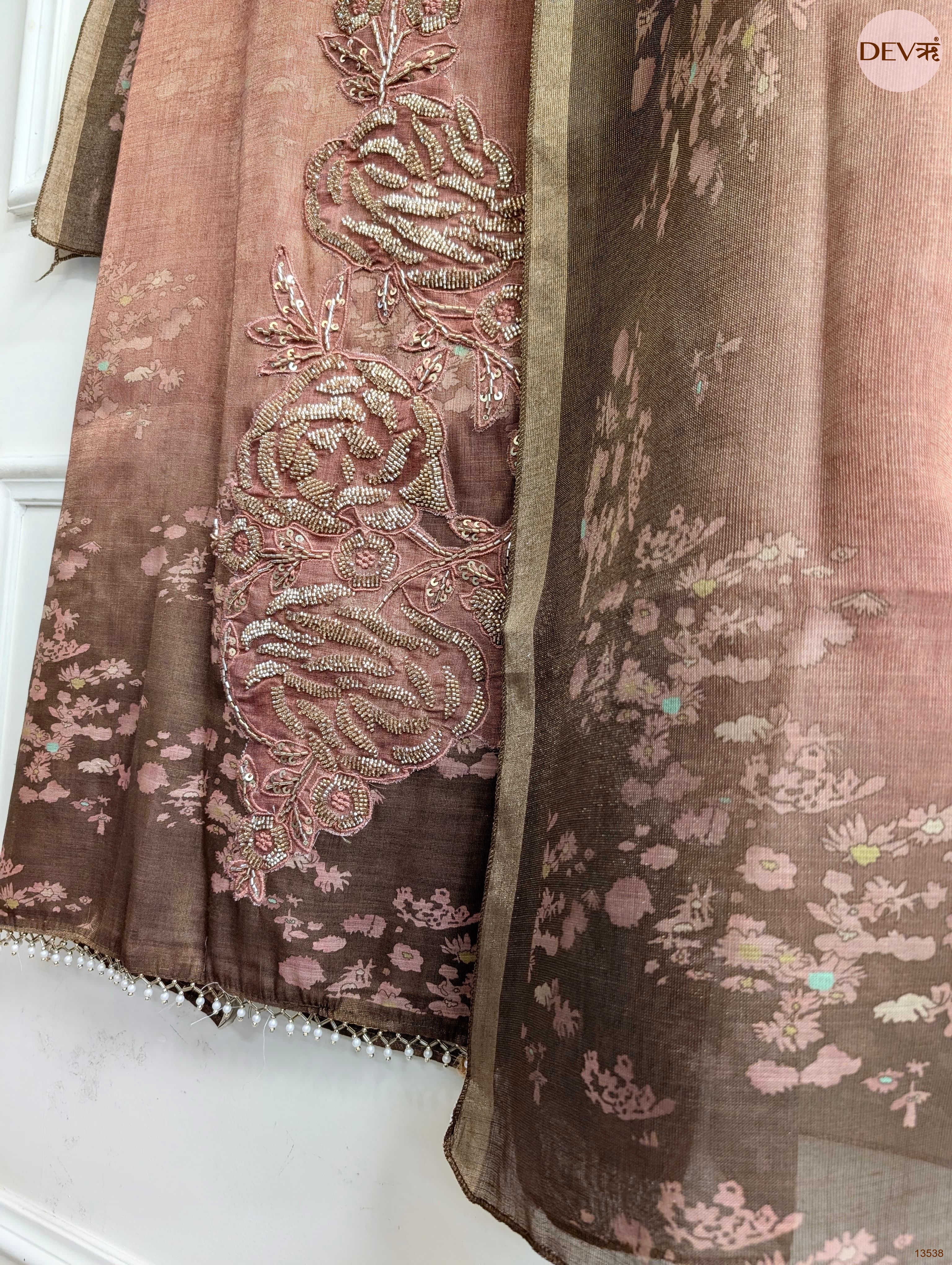 Brown Linen Cotton Printed Unstitched 3-Piece Suit (Devri – D.No 13538)