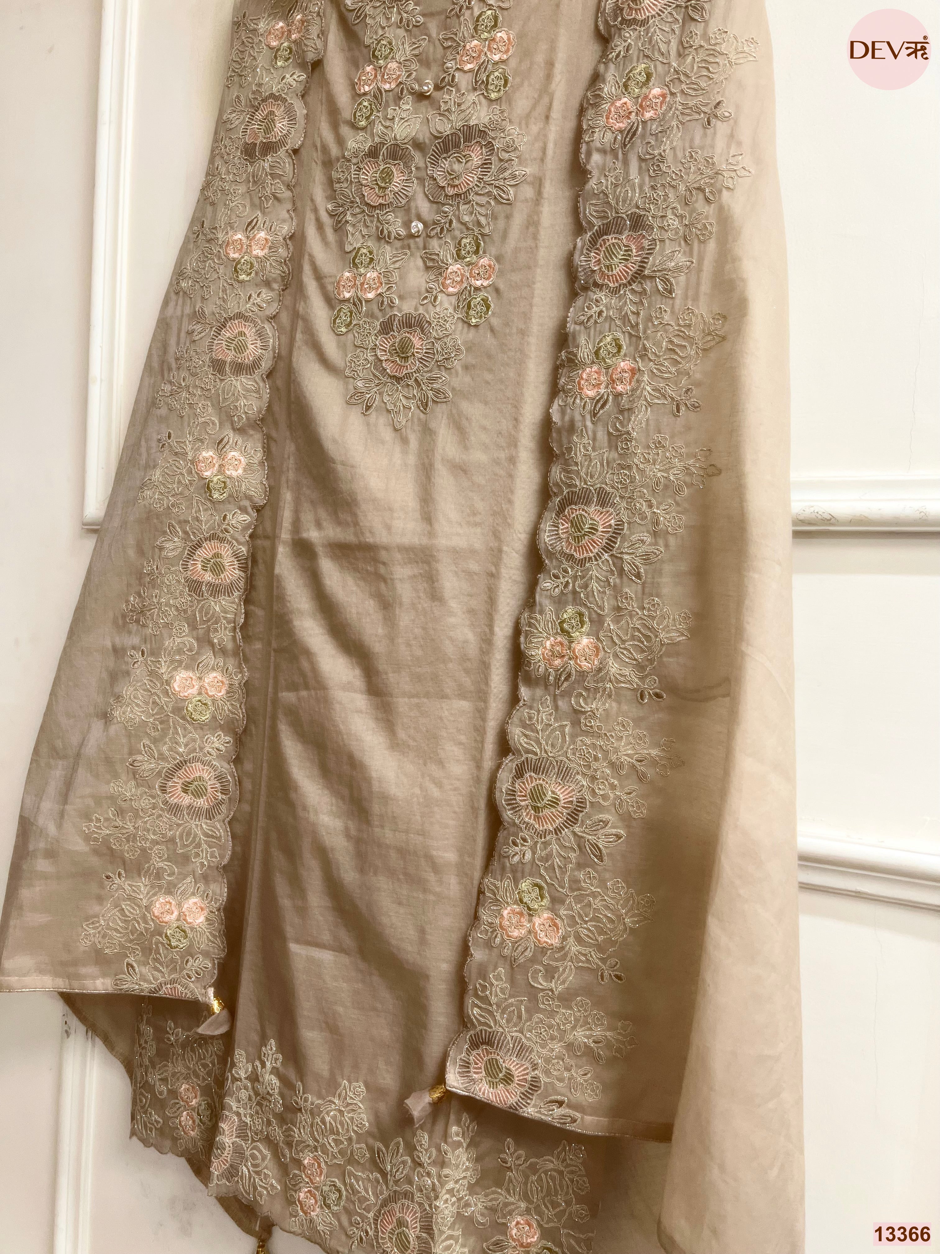 Beige Mul Chanderi Embroidered Unstitched 3-Piece Suit (Devri – D.No 13366)