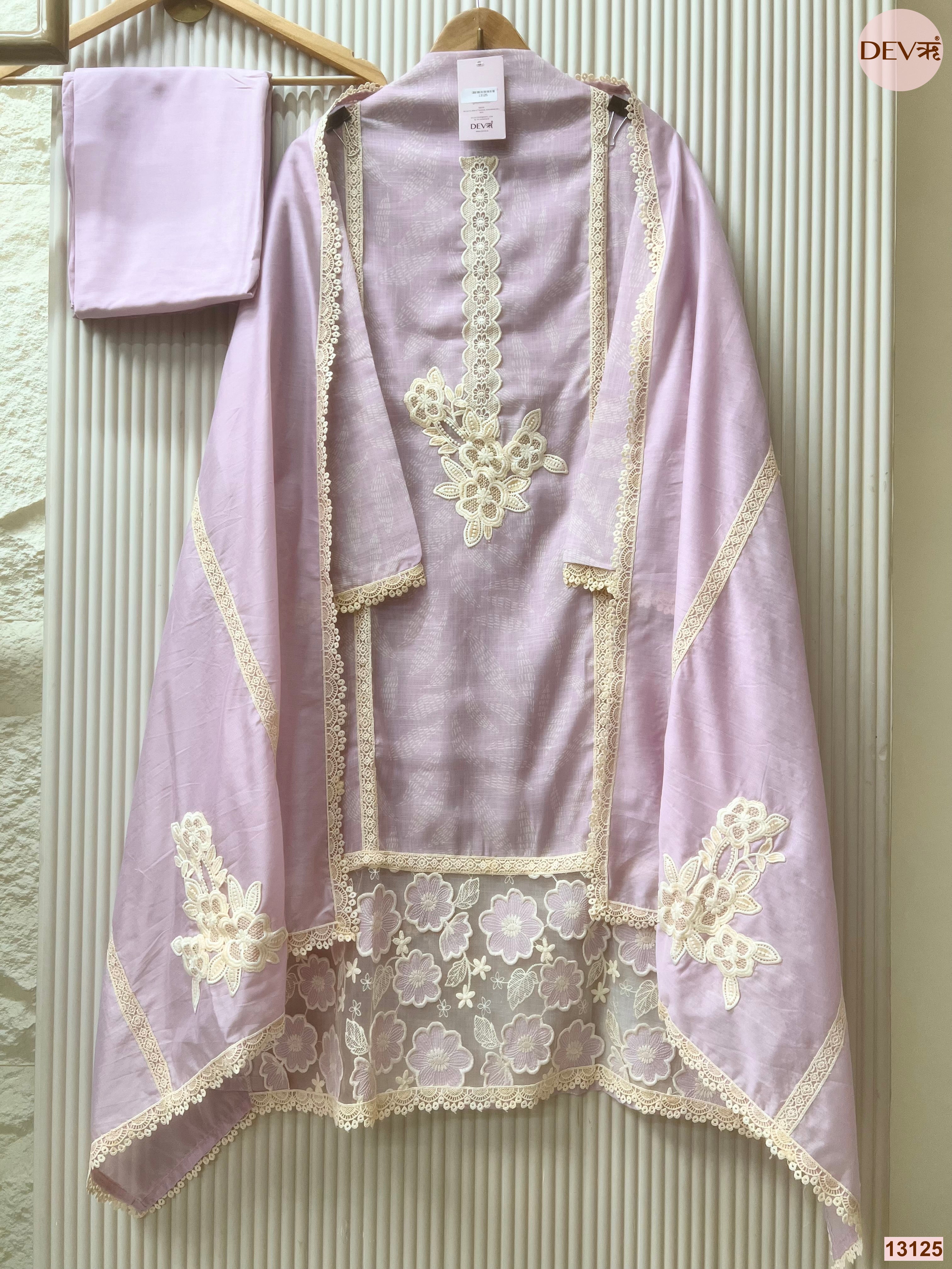 Lavender Linen Cotton Embroidered Unstitched 3-Piece Suit (Devri – D.No 13125)