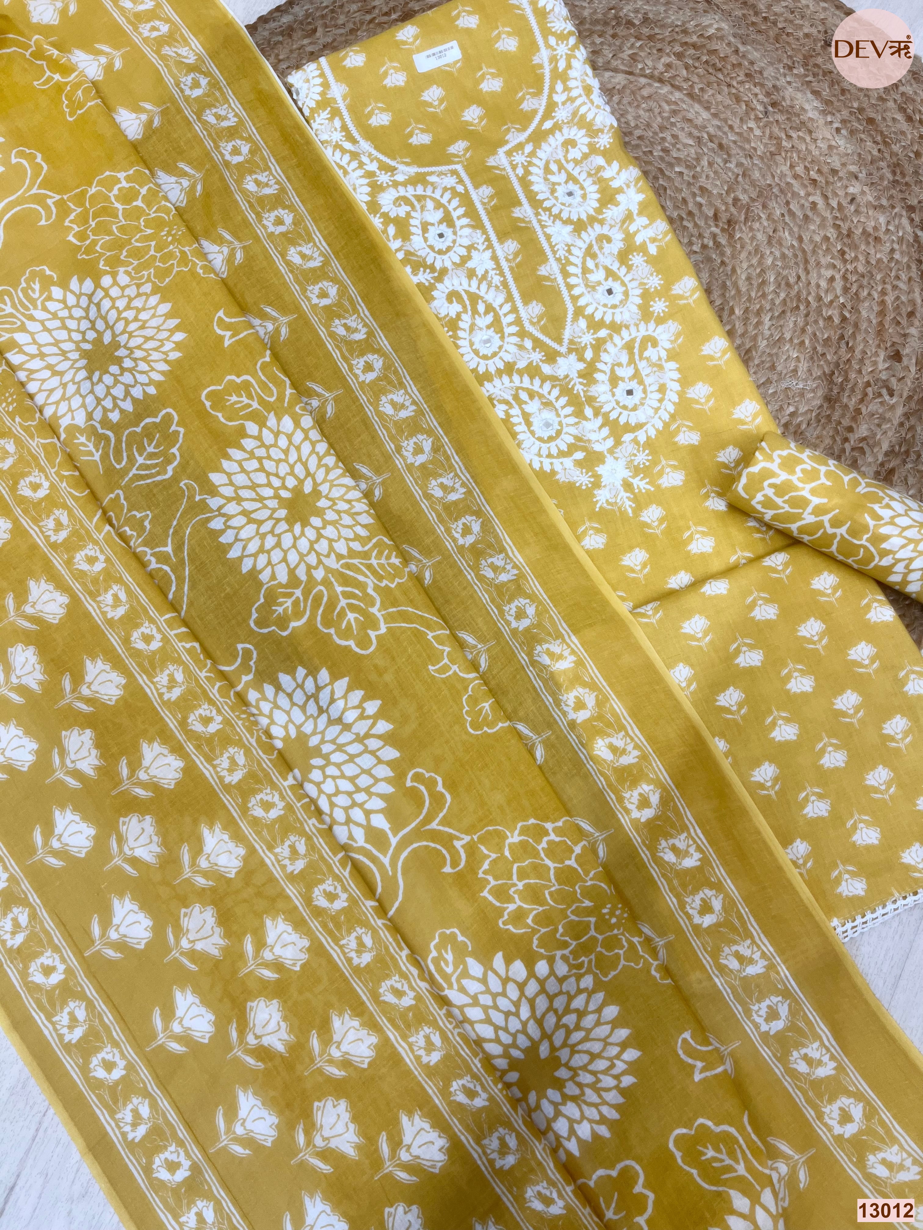 Mustard Cotton Embroidered Unstitched 3-Piece Suit (Devri – D.No 13012)