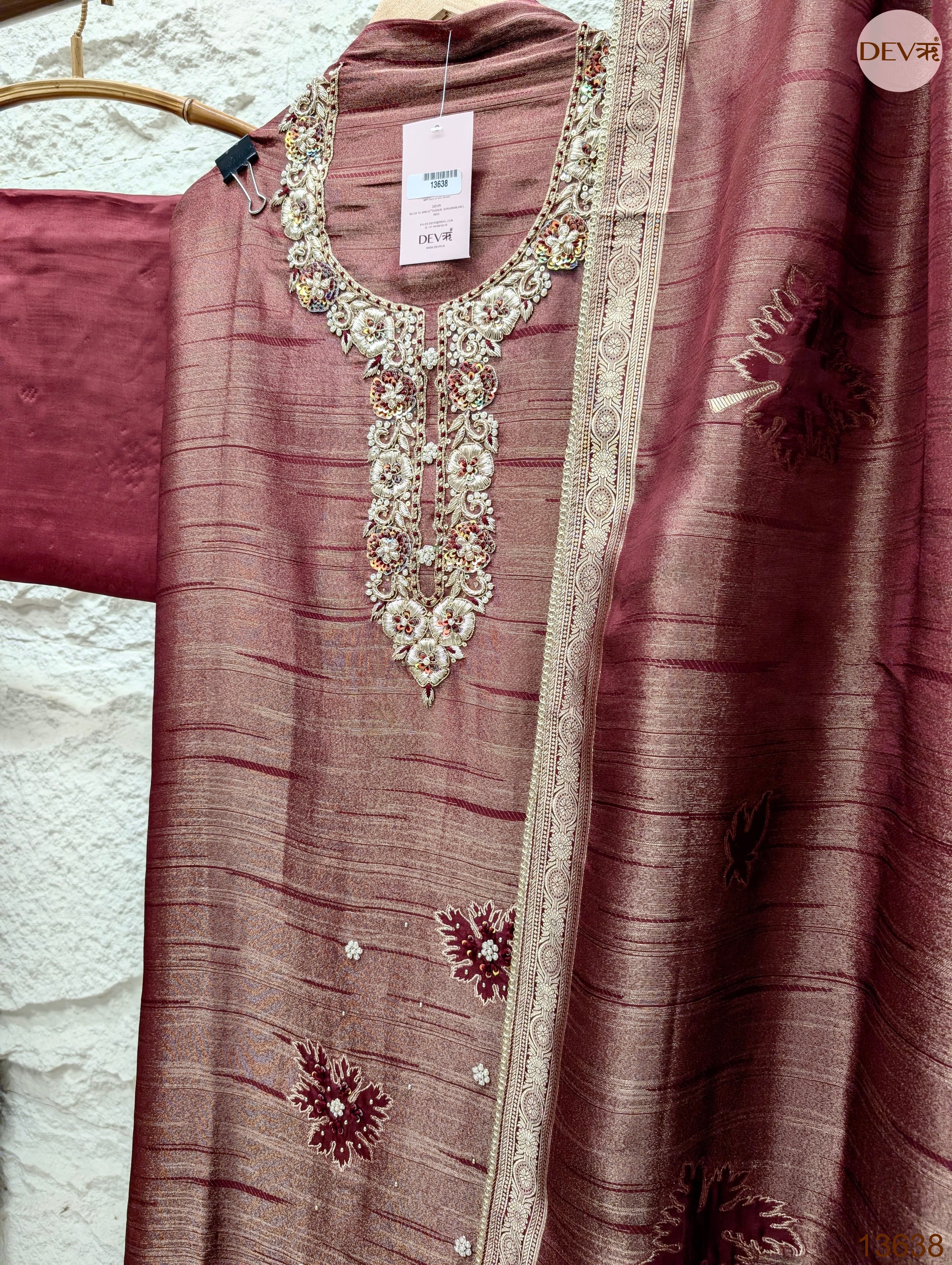 Wine Pure Girafe Banarasi Silk Embroidered Unstitched 3-Piece Suit (Devri – D.No 13638)