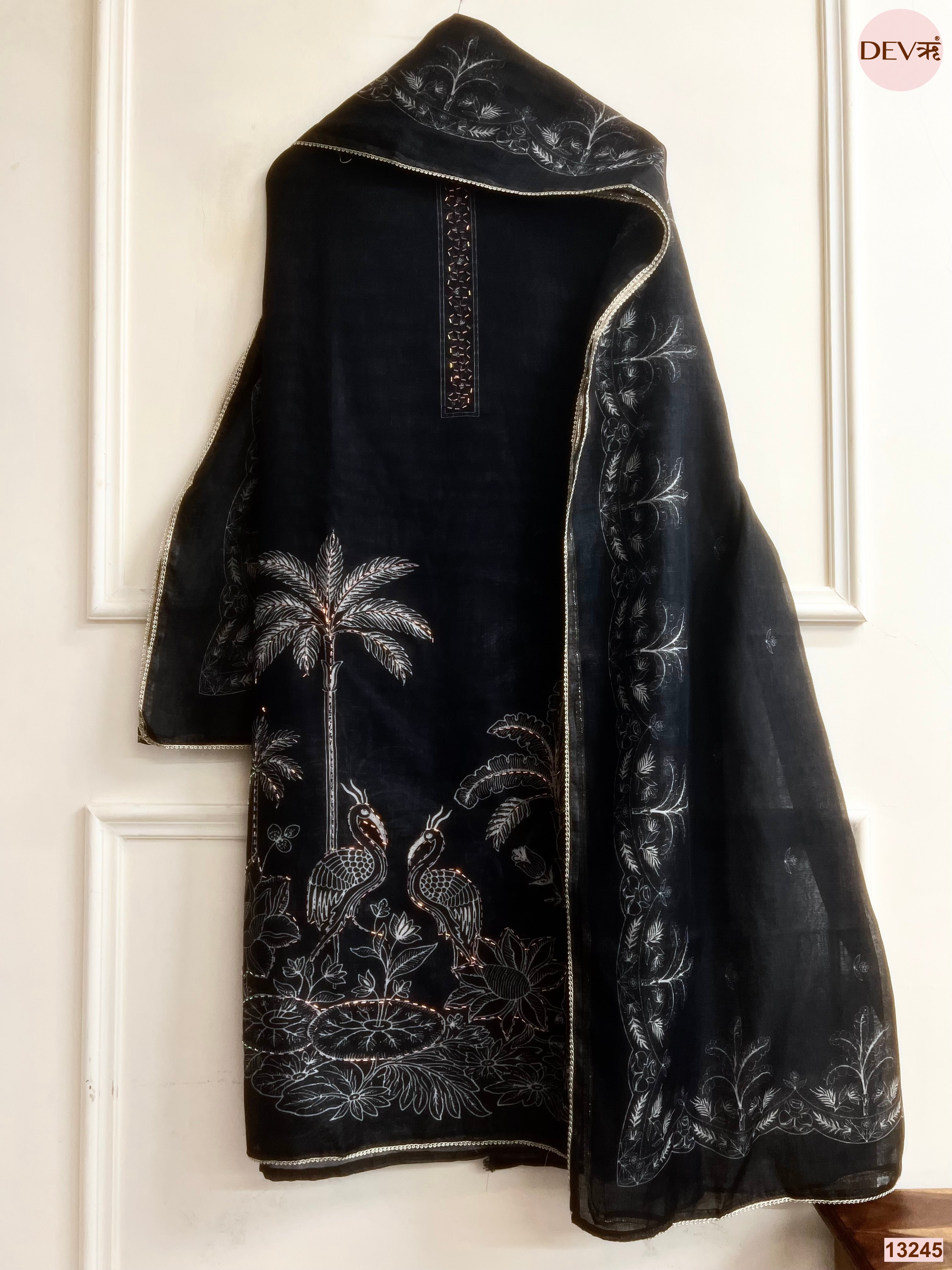 Black Linen Cotton Printed Unstitched 3-Piece Suit (Devri – D.No 13245)