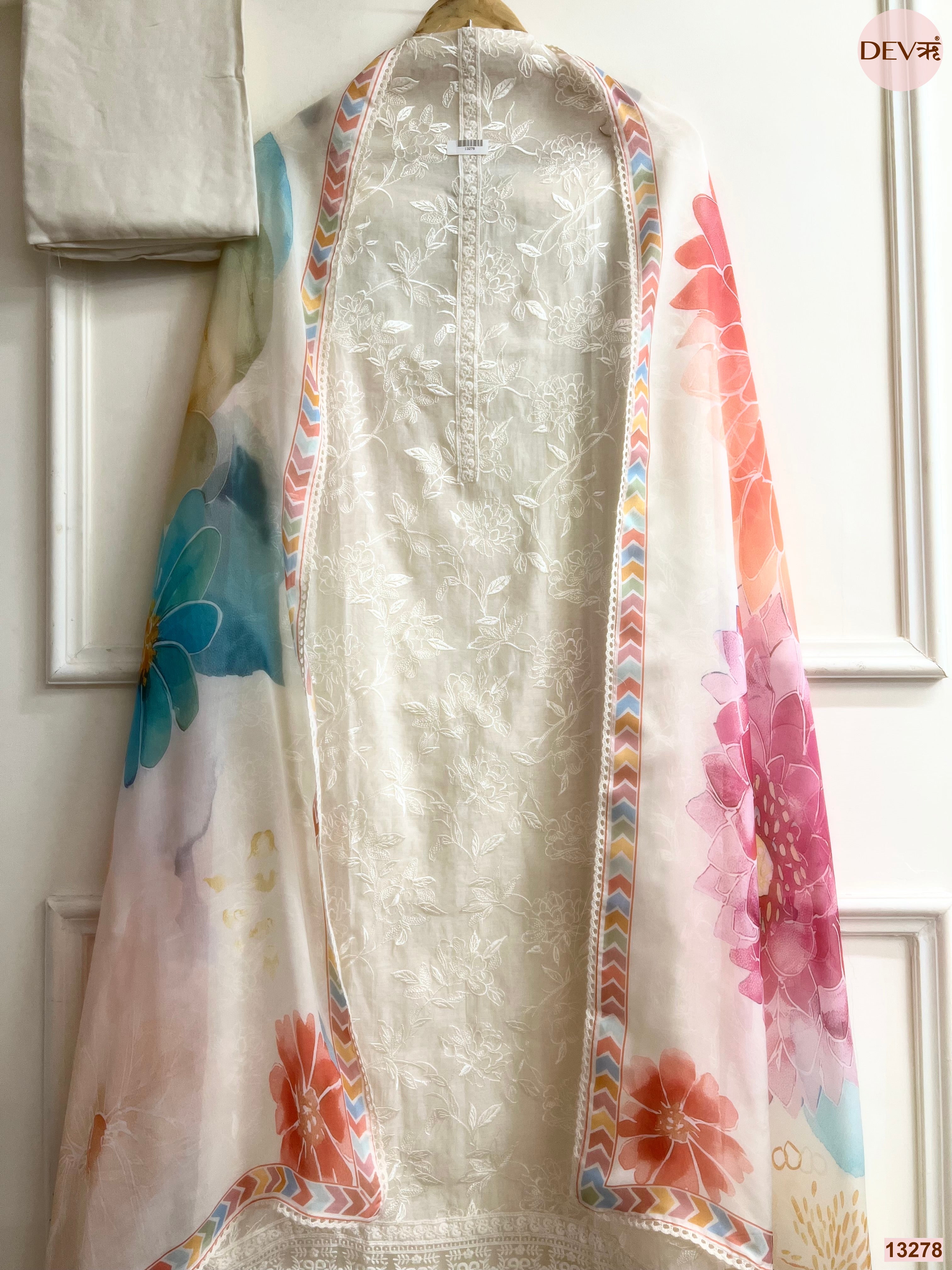 Cream Mul Chanderi Embroidered Unstitched 3-Piece Suit (Devri – D.No 13278)