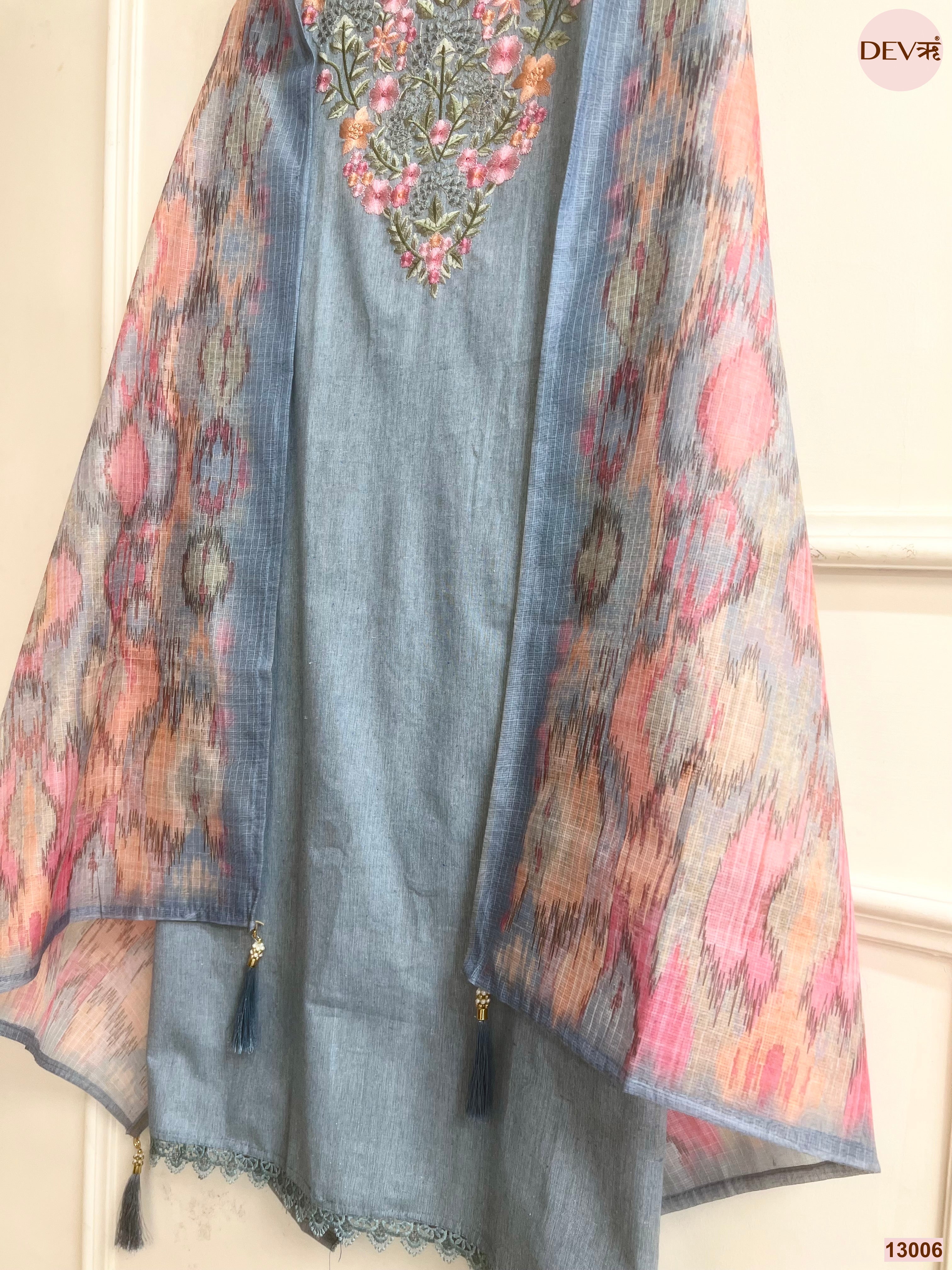 Blue Cotton Handloom Embroidered Unstitched 3-Piece Suit (Devri – D.No 13006)