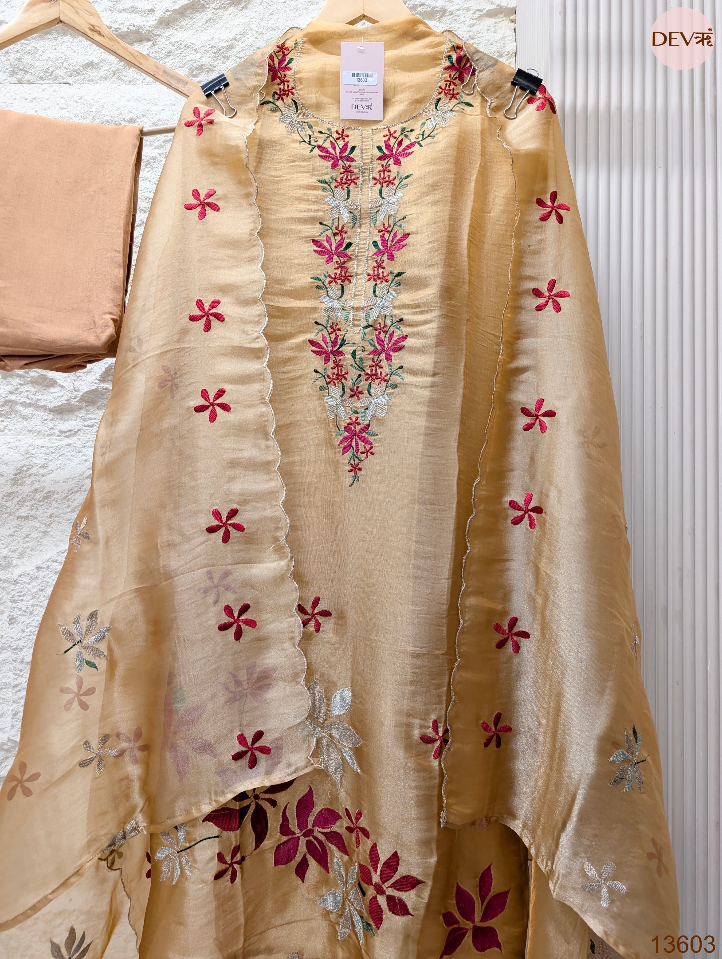Beige Crush Tissue Silk Embroidered Unstitched 3-Piece Suit (Devri – D.No 13603)