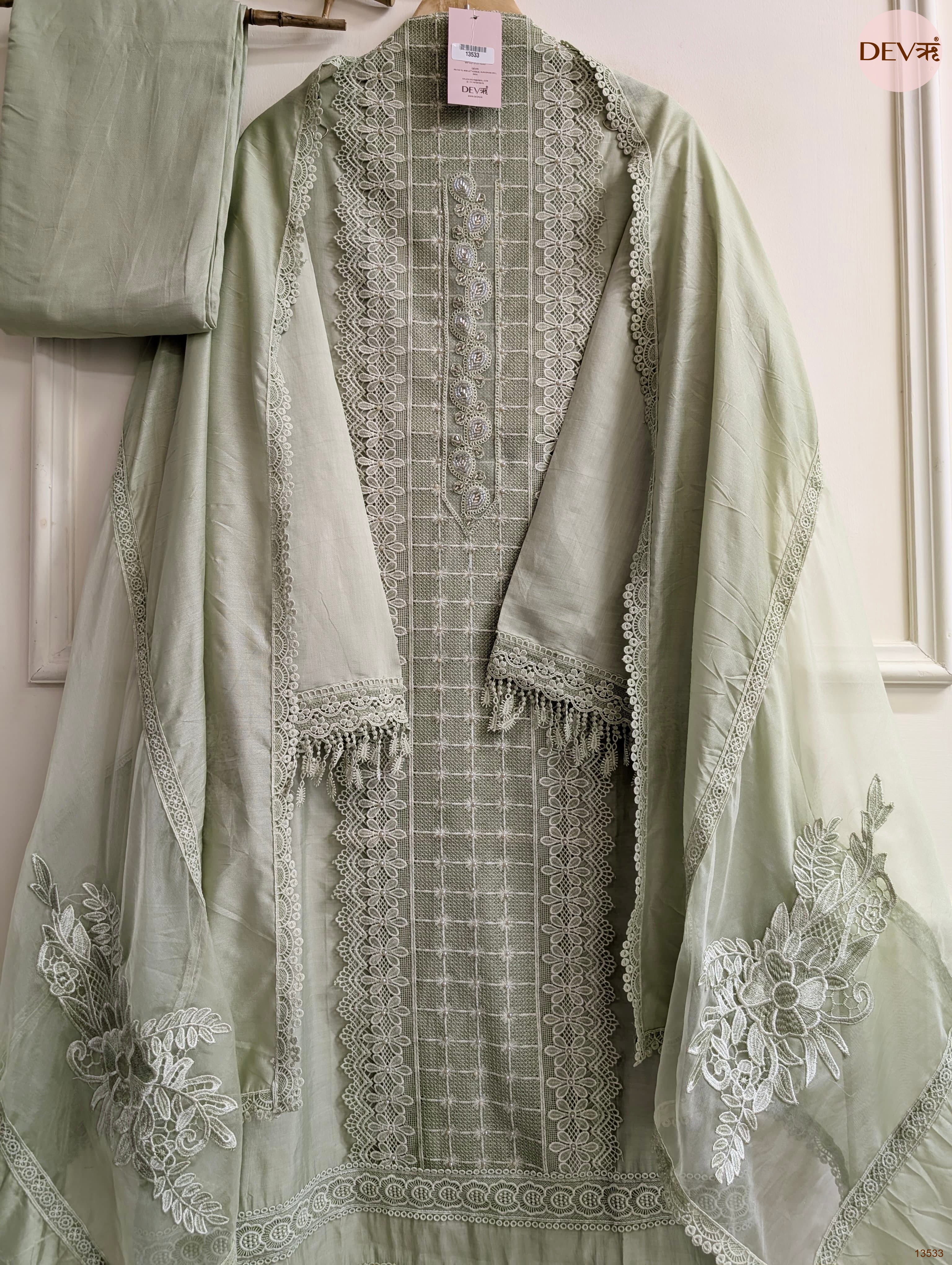 Sage Modal Silk Embroidered Unstitched 3-Piece Suit (Devri – D.No 13533)