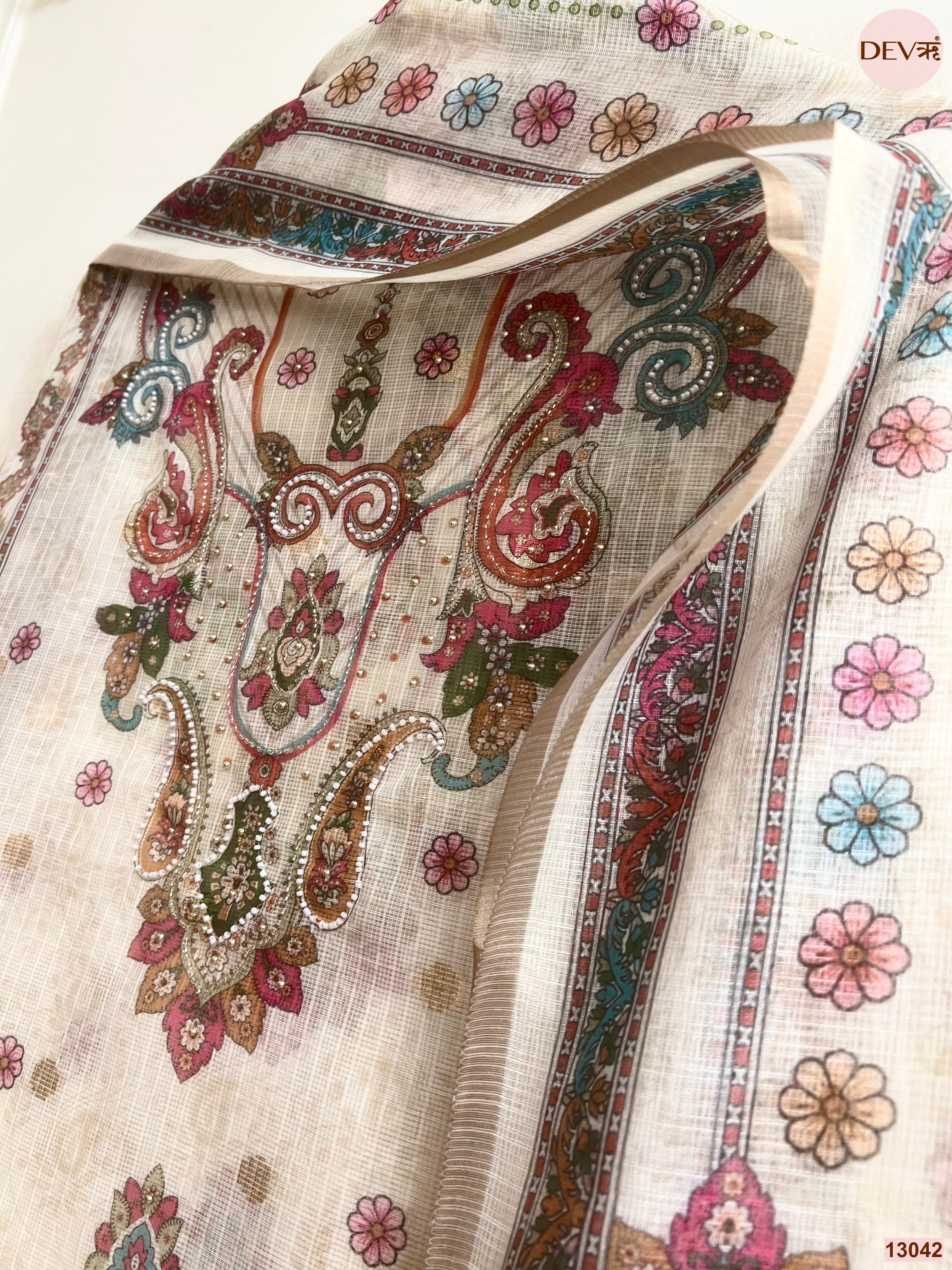 Cream Kota Printed Unstitched 3-Piece Suit (Devri – D.No 13042)