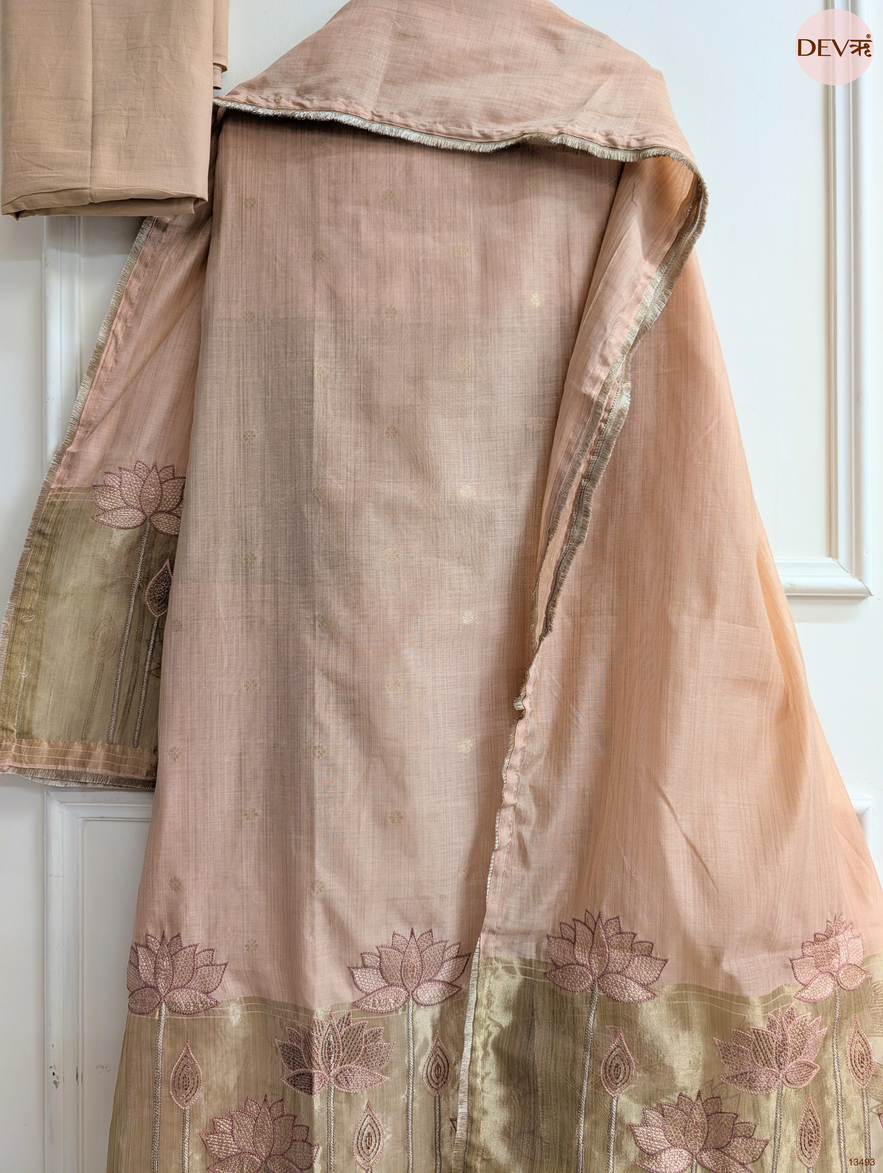 Peach Banarashi Silk Printed Unstitched 3-Piece Suit (Devri – D.No 13493)