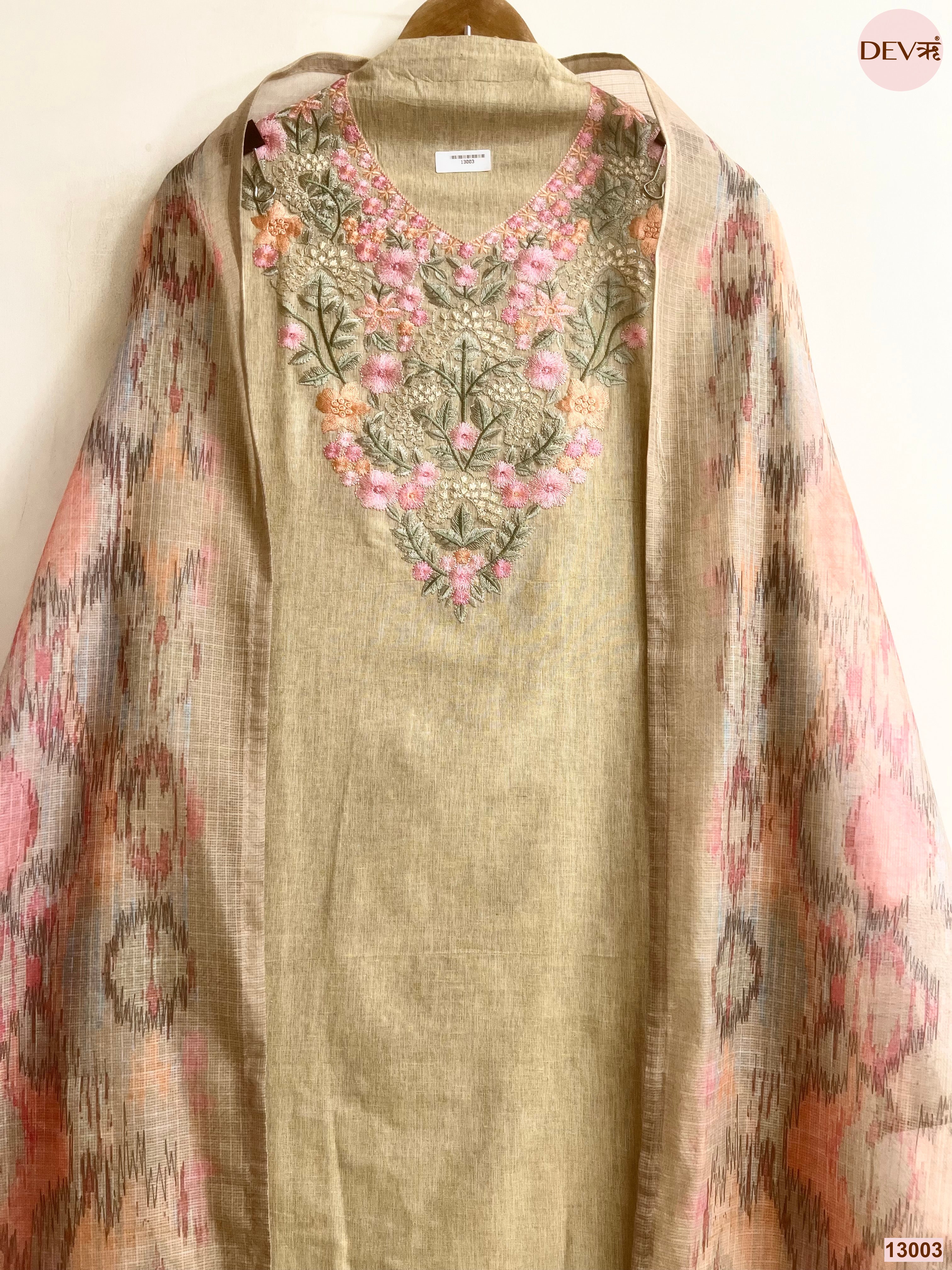 Beige Cotton Handloom Embroidered Unstitched 3-Piece Suit (Devri – D.No 13003)