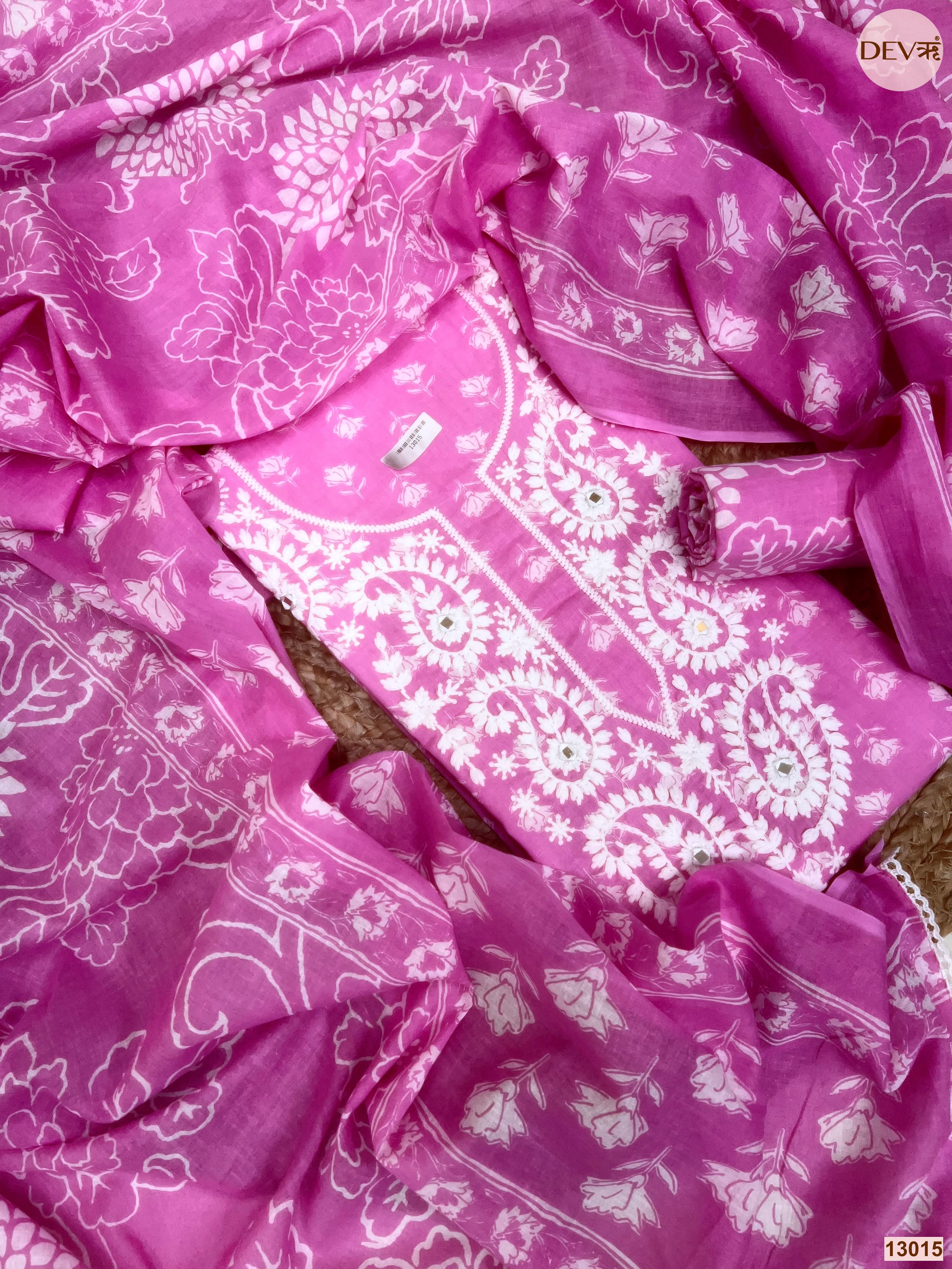 Pink Cotton Printed Unstitched 3-Piece Suit (Devri – D.No 13015)