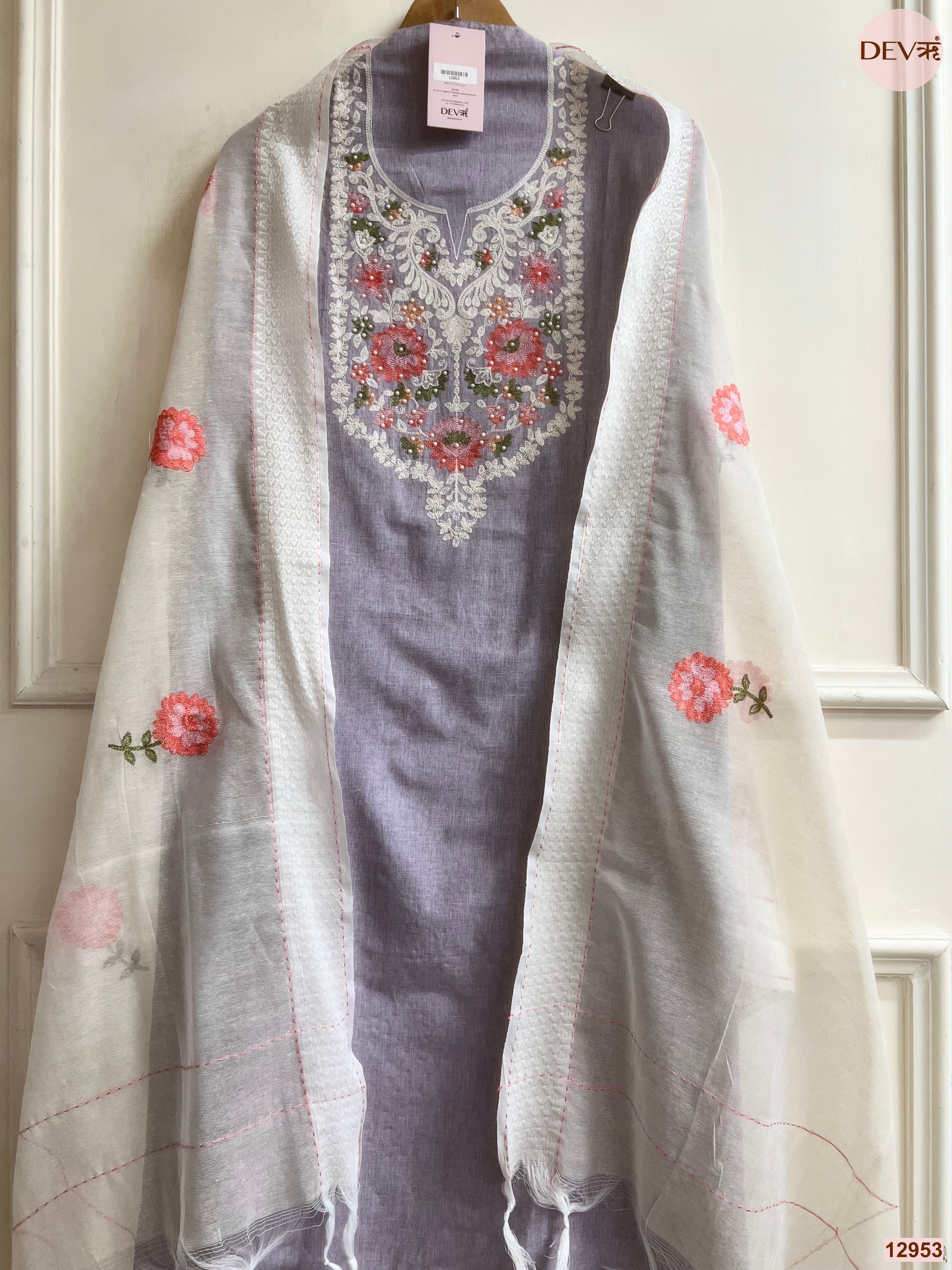Lavender Cotton Handloom Embroidered Unstitched 3-Piece Suit (Devri – D.No 12953)