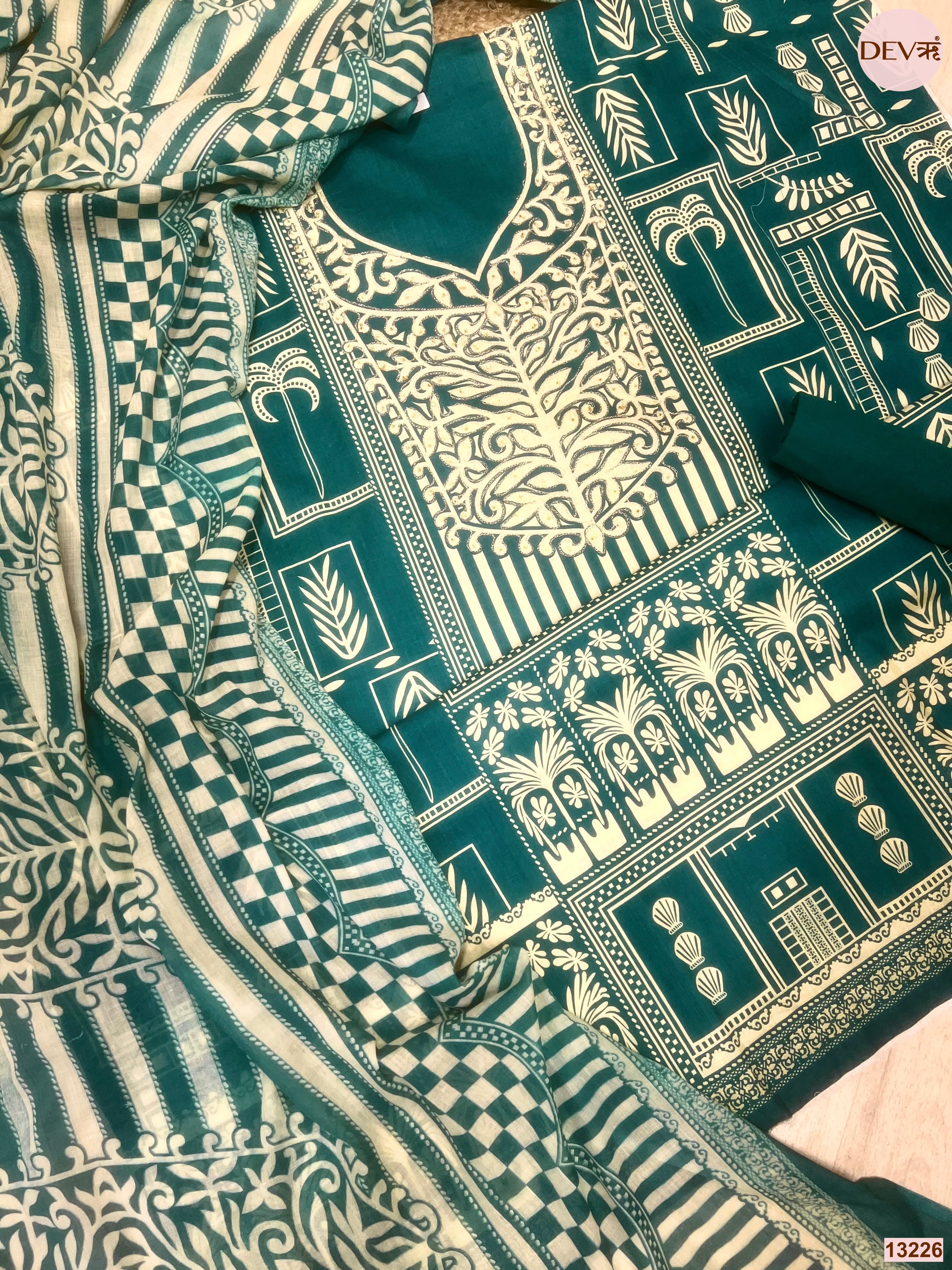 Teal Cotton Printed Unstitched 3-Piece Suit (Devri – D.No 13226)