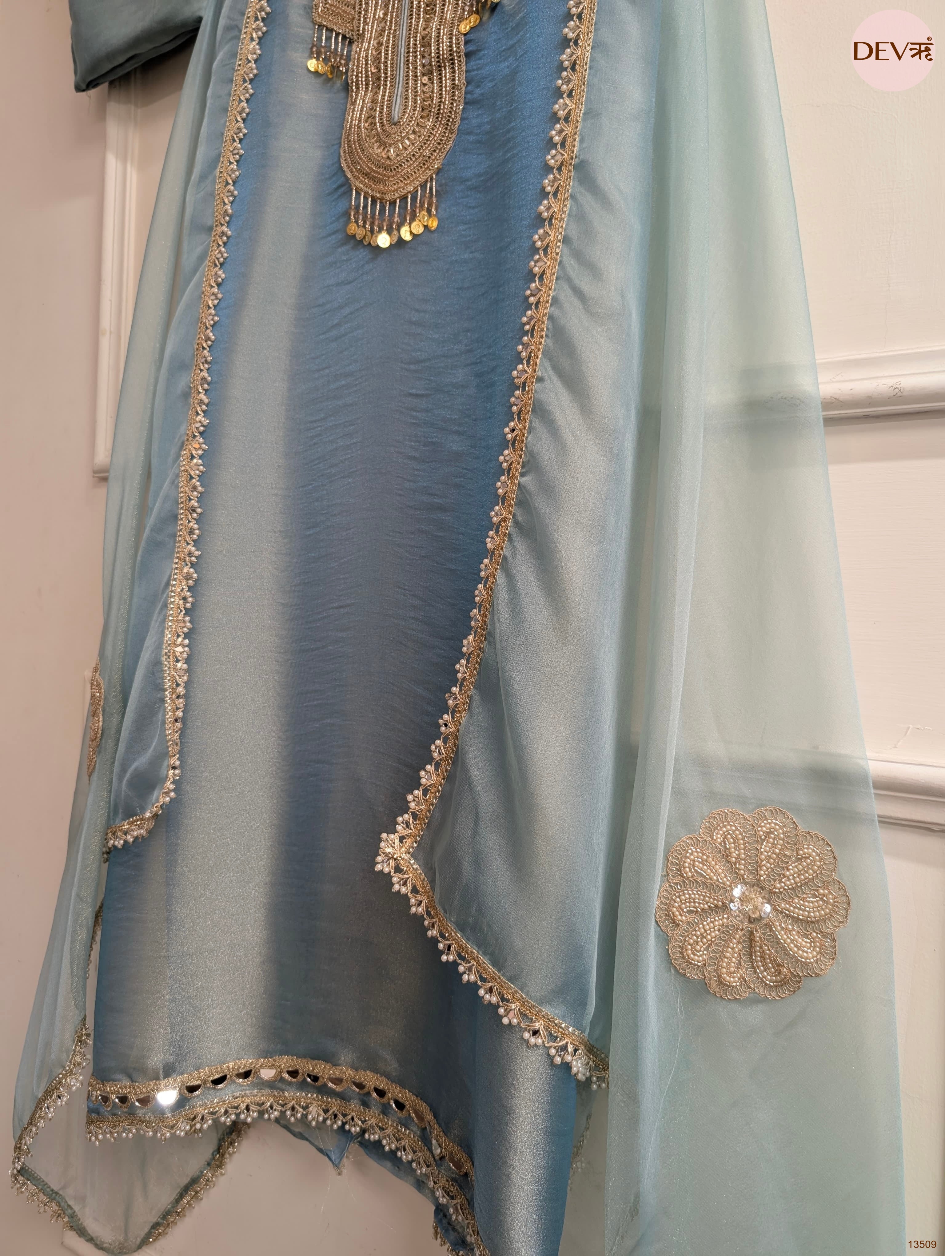 Blue Tissue Silk Embroidered Unstitched 3-Piece Suit (Devri – D.No 13509)