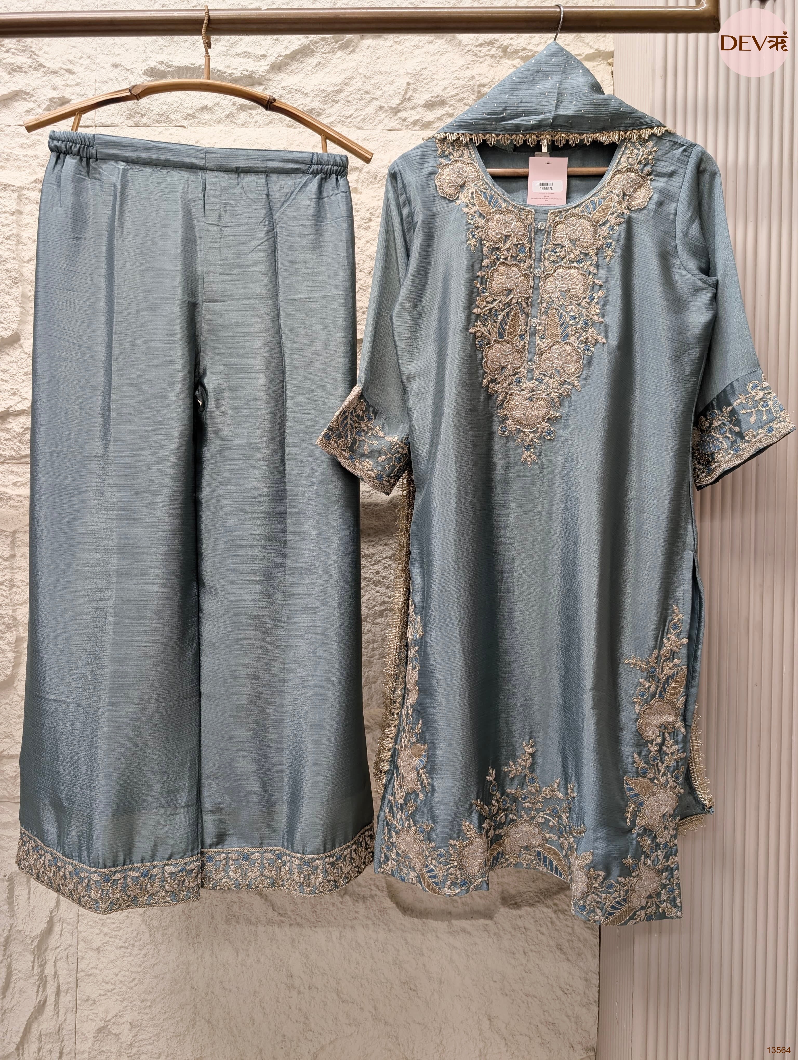 Gulnaar Chinon Embroidered Dusty Blue 3-Piece Set (Devri – D.No 13564)