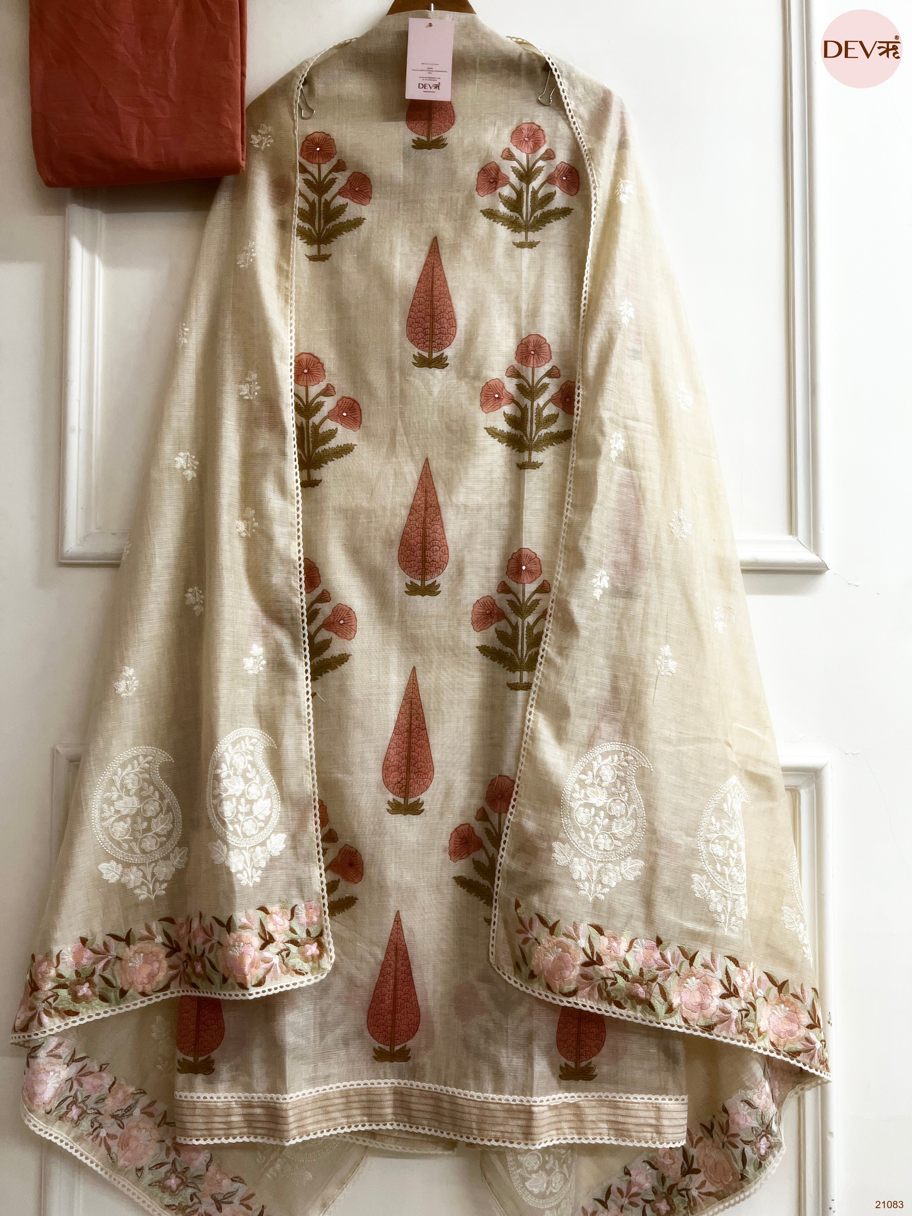 Beige Mul Chanderi Printed Unstitched 3-Piece Suit (Devri – D.No 21083)