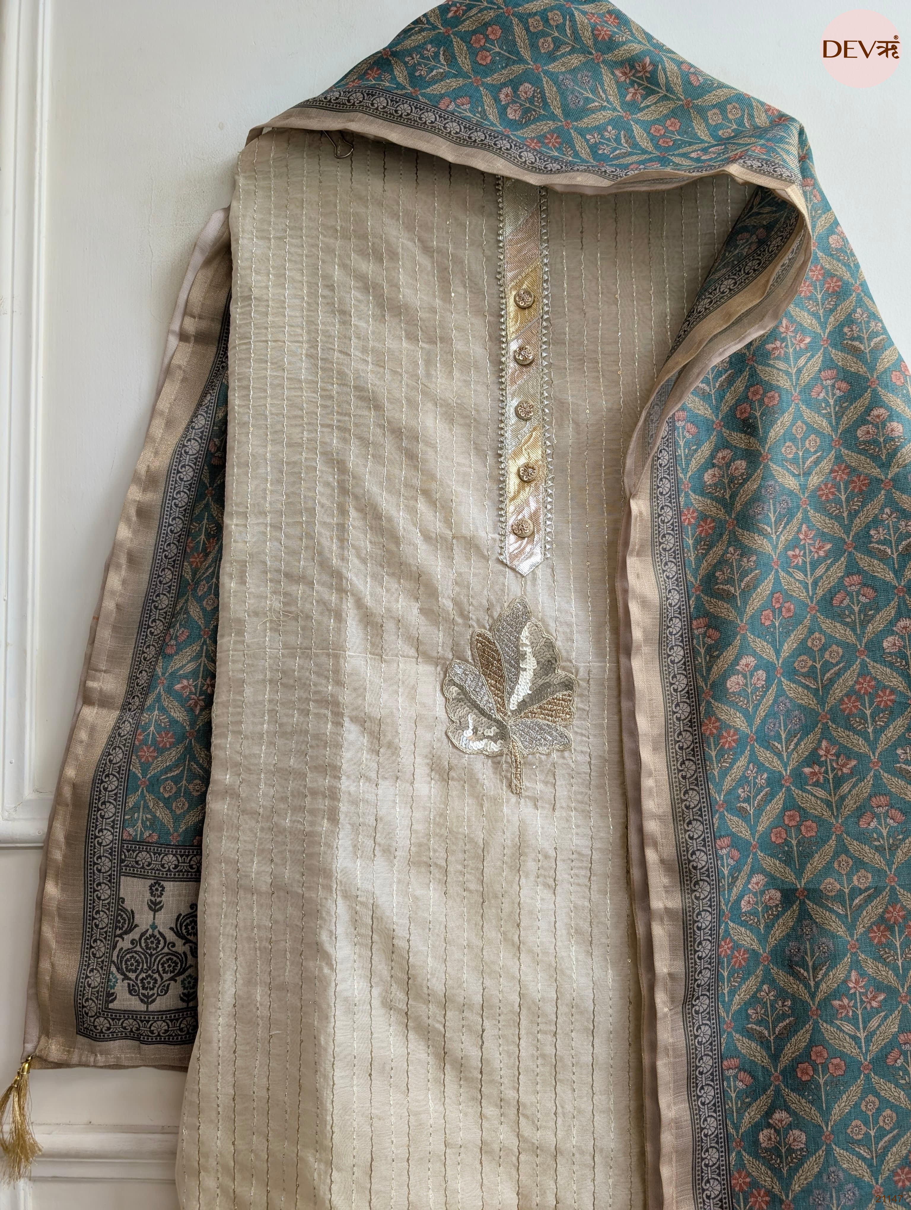Beige Pure Chanderi Embroidered Unstitched 3-Piece Suit (Devri – D.No 21147)