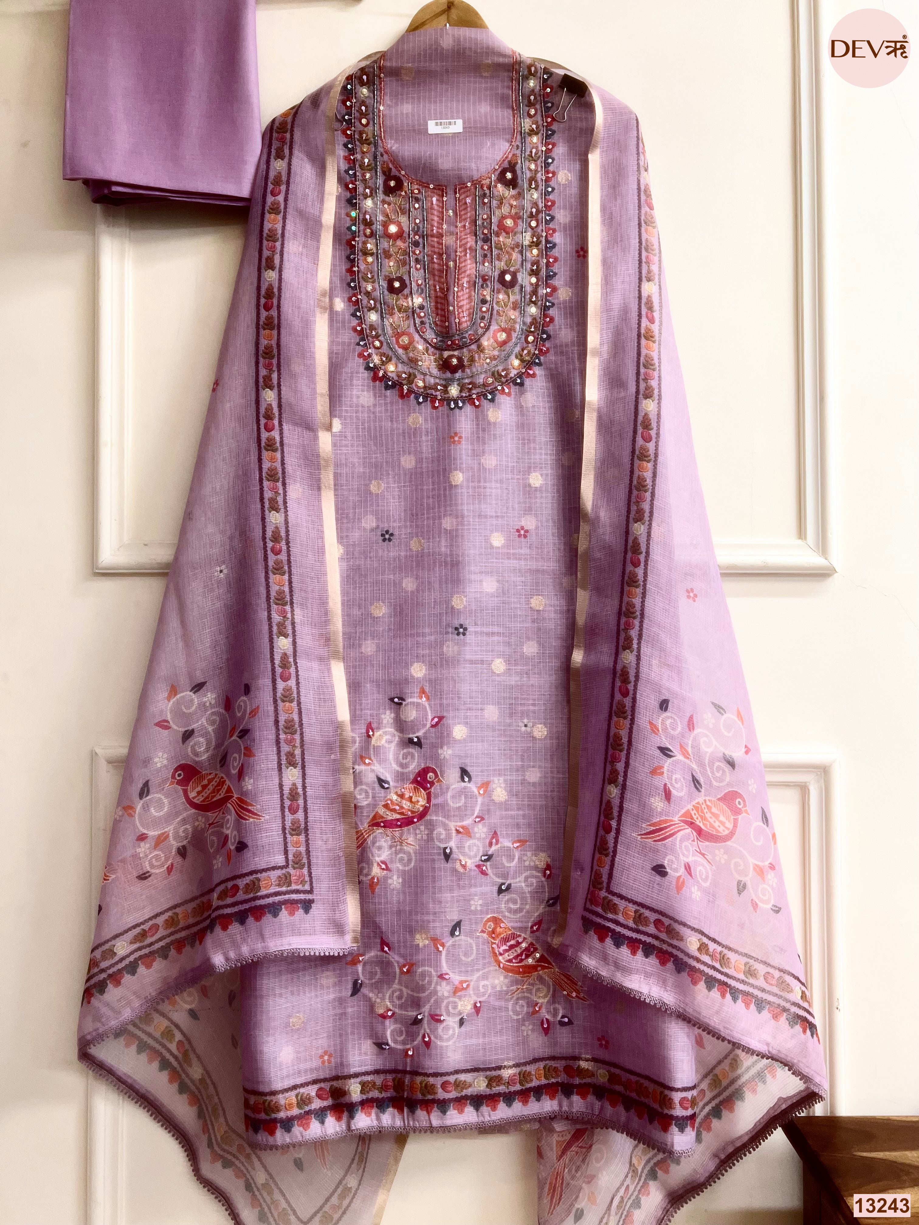 Lavender Kota Printed Unstitched 3-Piece Suit (Devri – D.No 13243)