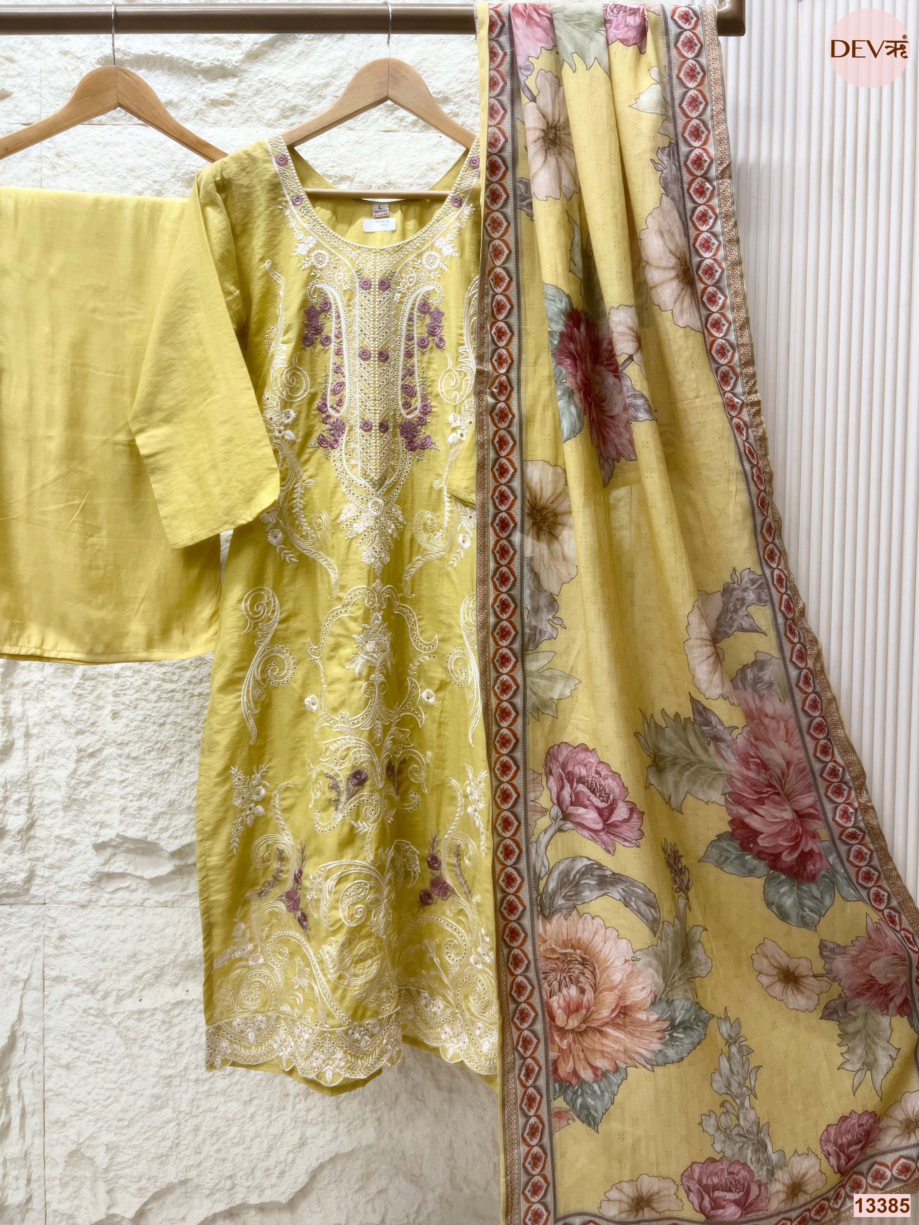 Gulnaar Pure Mul Cotton Embroidered Yellow 3-Piece Set (Devri – D.No 13385)