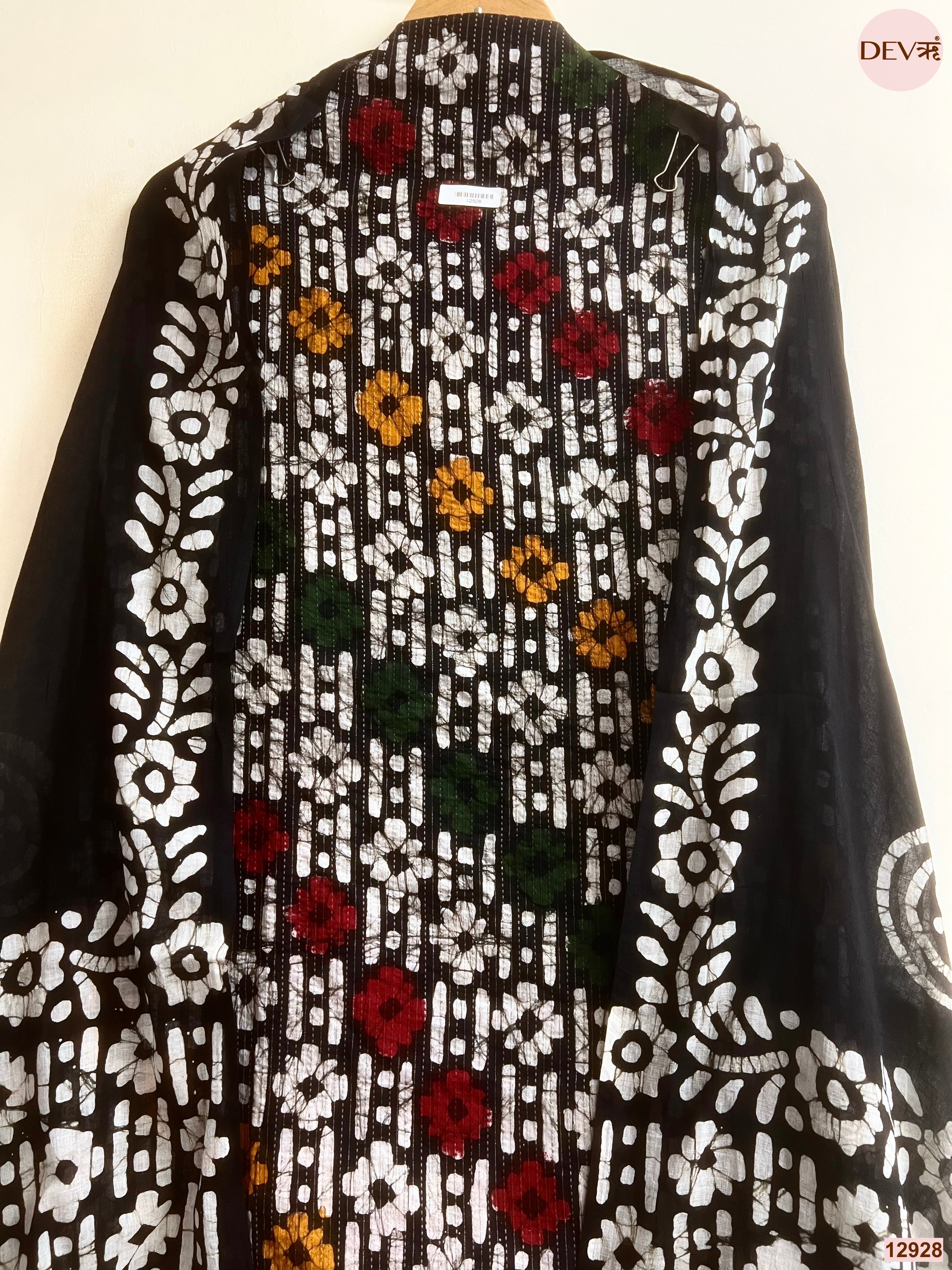 Black Cotton Batik Printed Unstitched 3-Piece Suit (Devri – D.No 12928)
