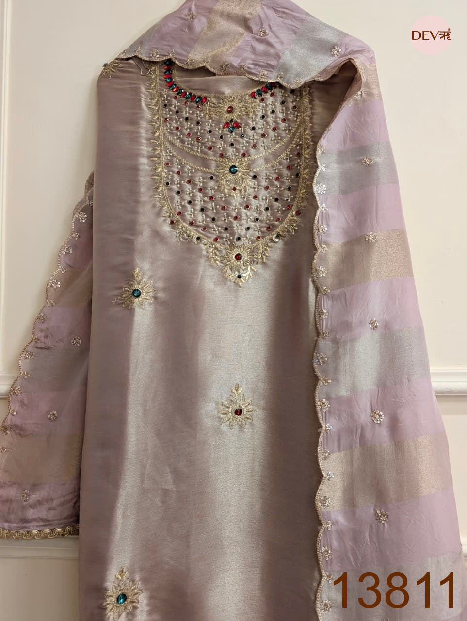 Lavender Pure Tissue Giraffe Silk Embroidered Unstitched 3-Piece Suit (Devri – D.No 13811)