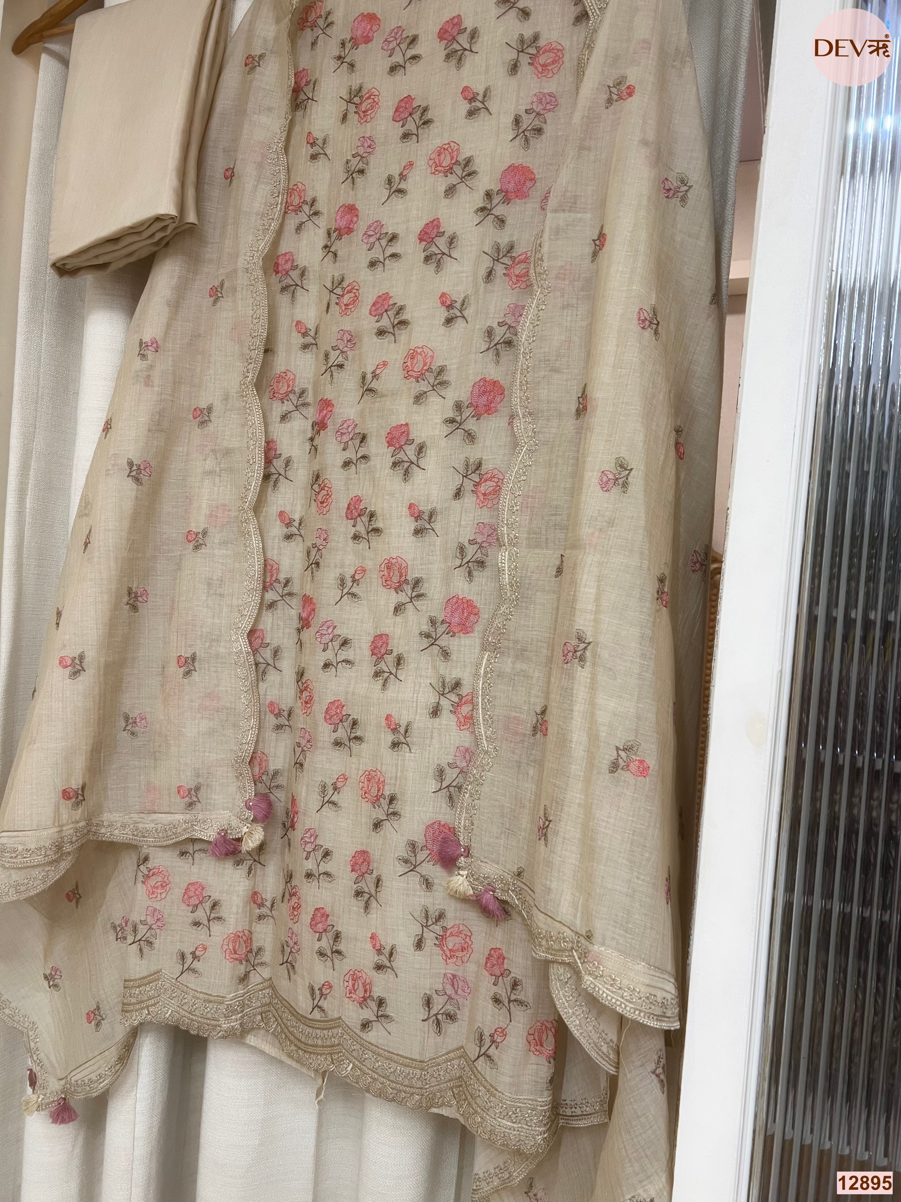 Cream Mul Chanderi Printed Unstitched 3-Piece Suit (Devri – D.No 12895)
