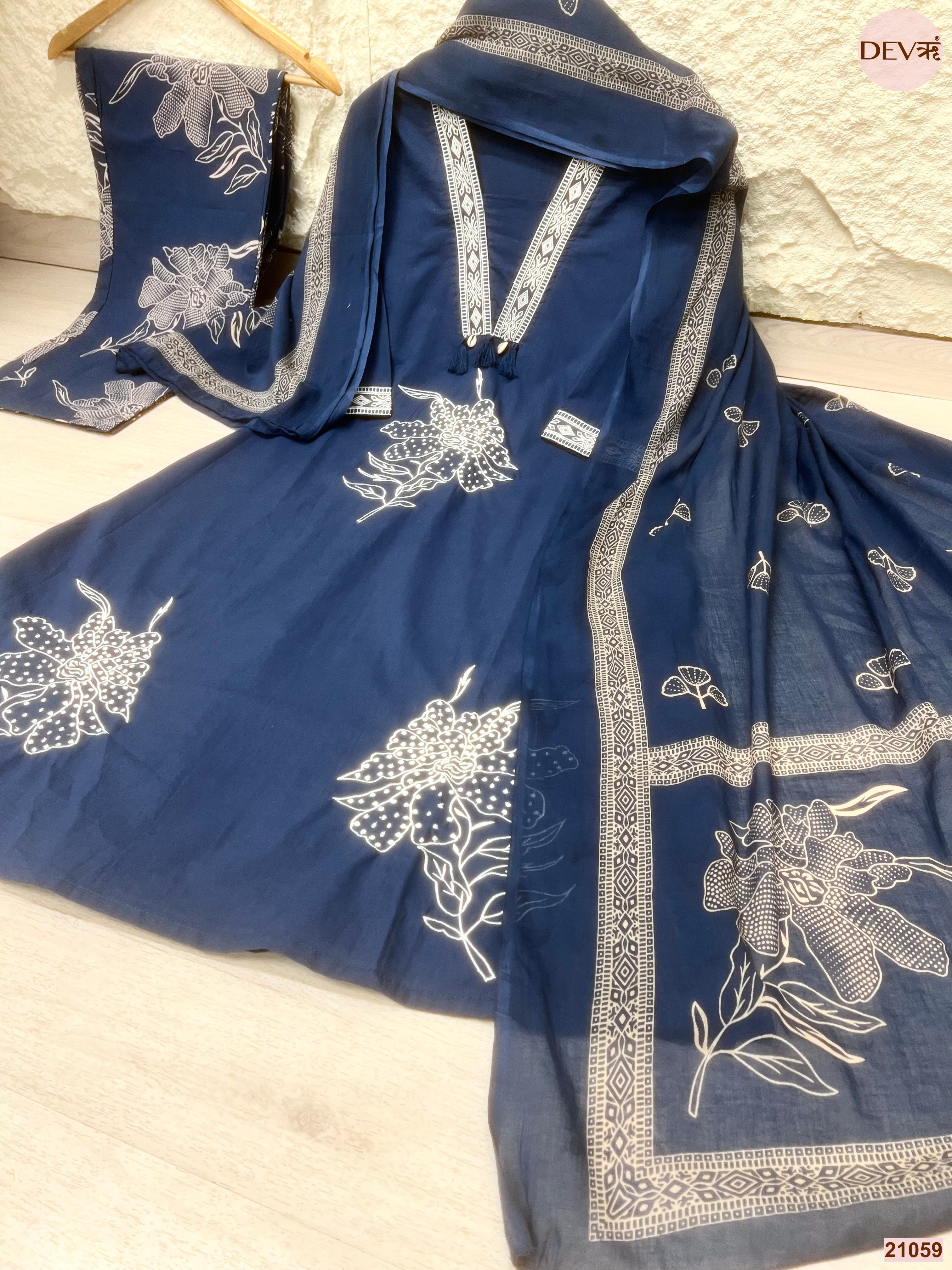 Neelambari Cotton Slub Printed Navy Blue 3-Piece Set (Devri – D.No 21059)