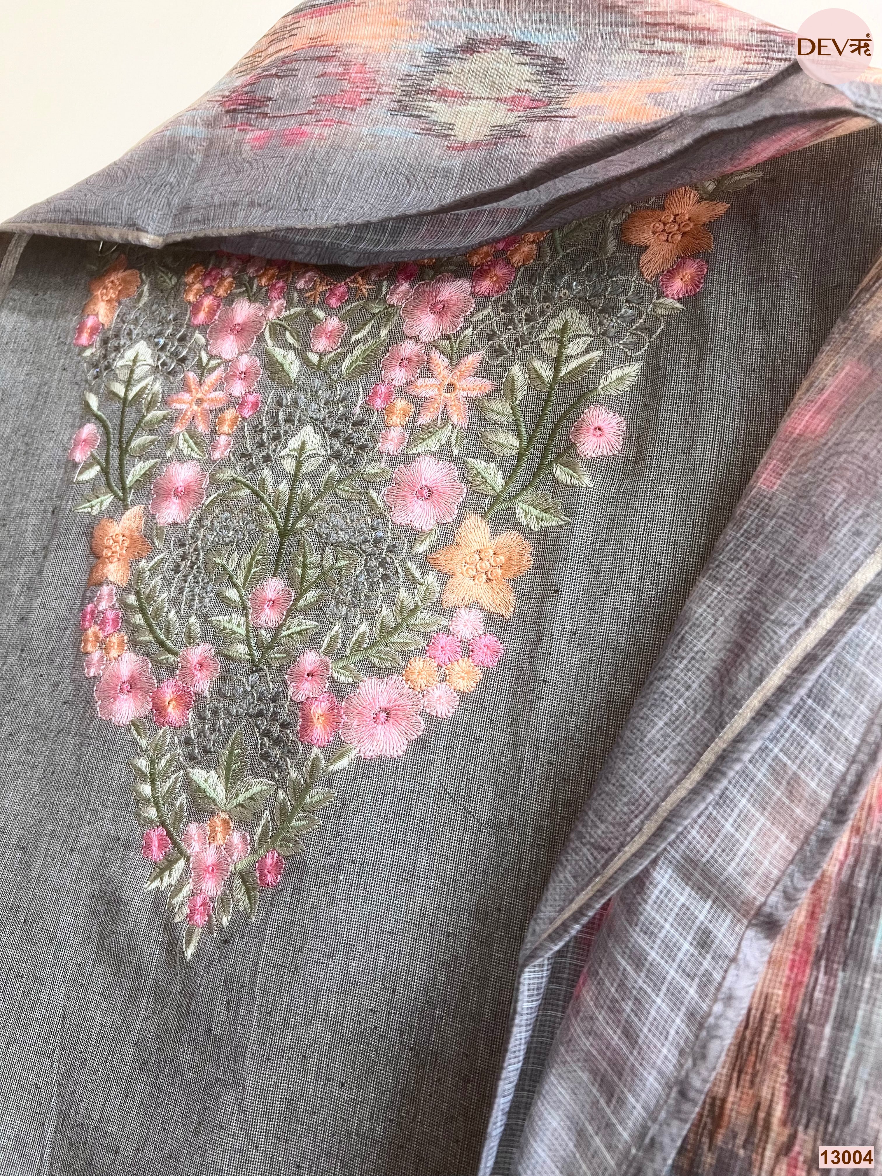 Grey Cotton Handloom Embroidered Unstitched 3-Piece Suit (Devri – D.No 13004)