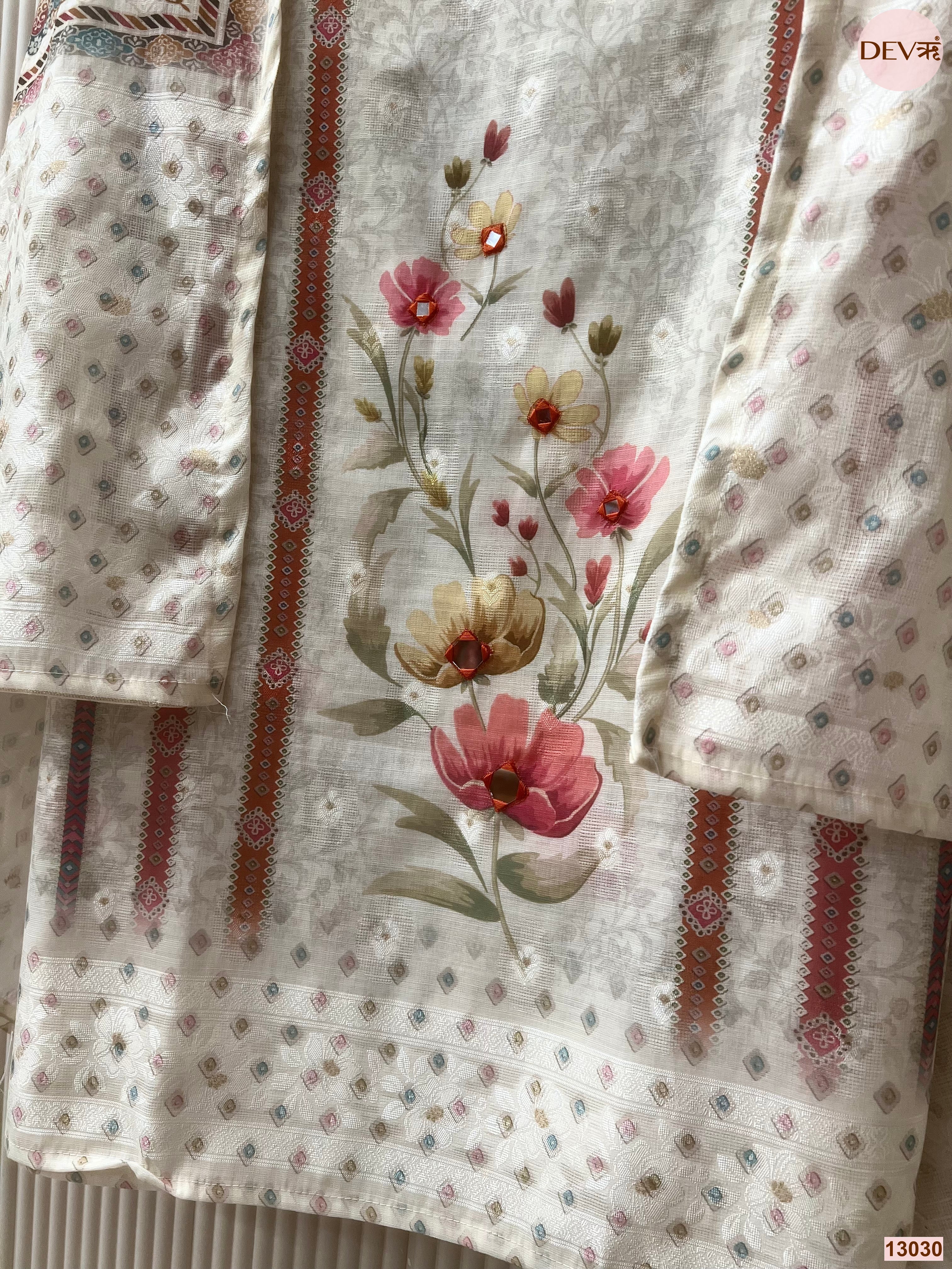 Off White Pure Linen Cotton Printed Unstitched 3-Piece Suit (Devri – D.No 13030)