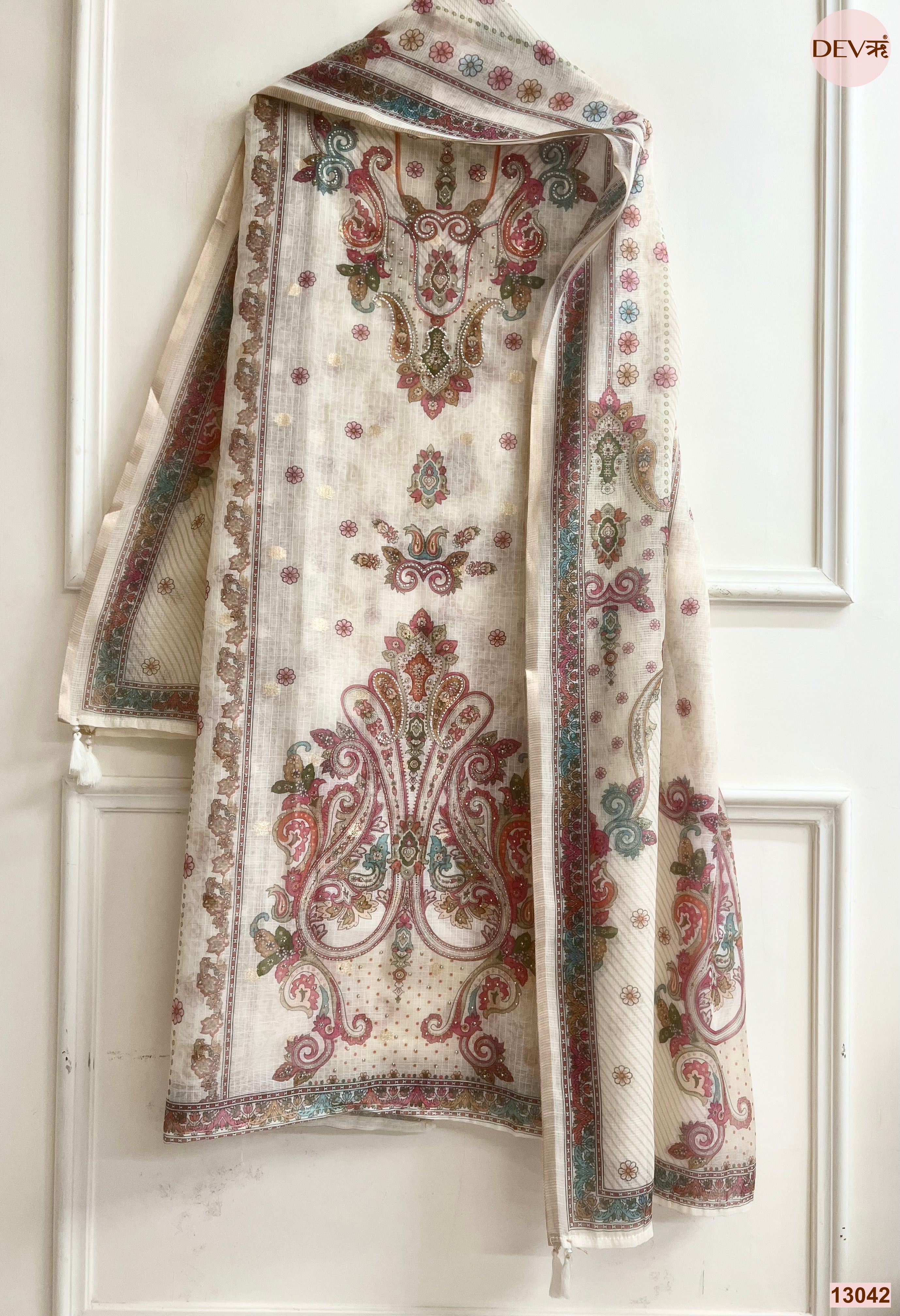Cream Kota Printed Unstitched 3-Piece Suit (Devri – D.No 13042)