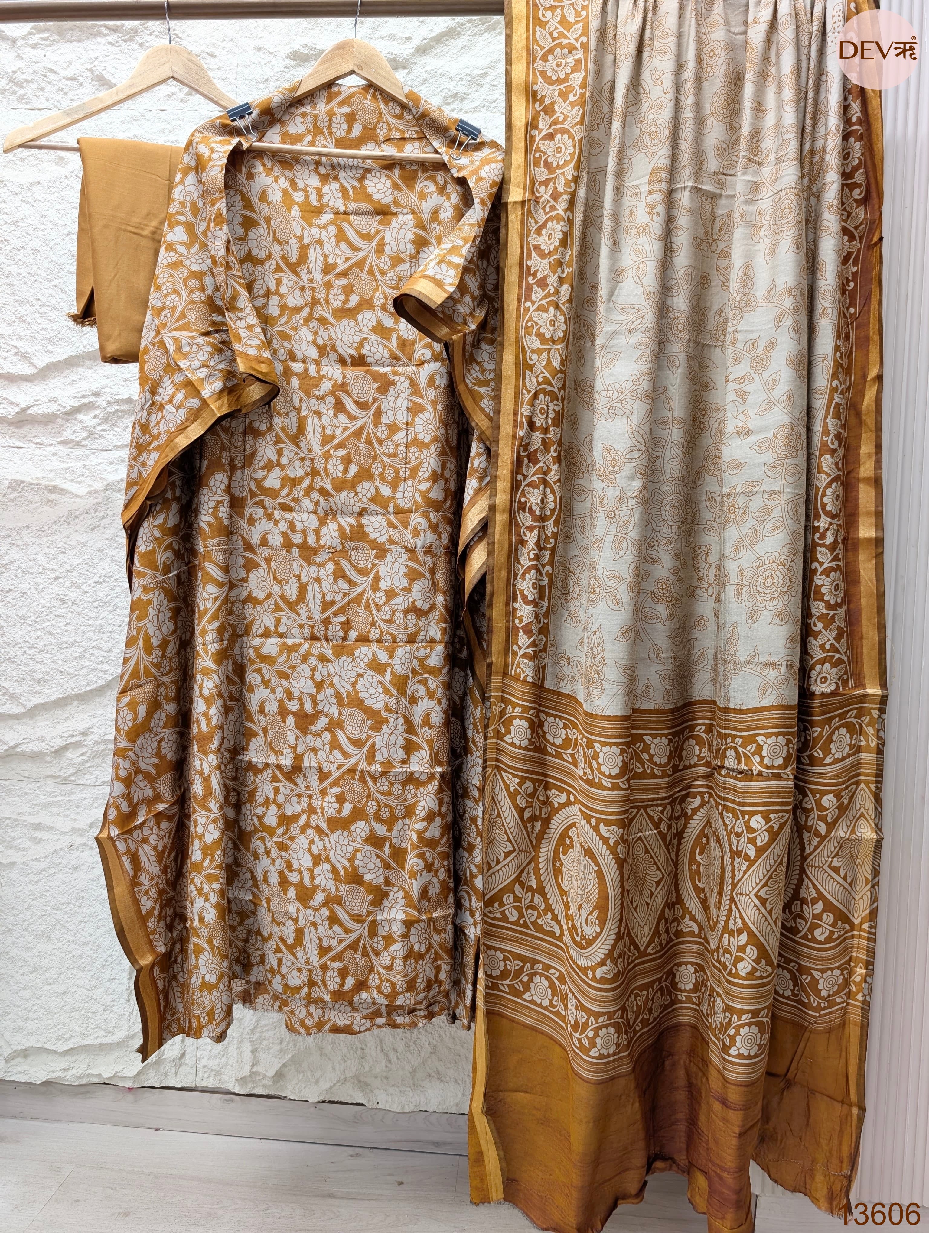 Mustard Maheshwari Silk Printed Unstitched 3-Piece Suit (Devri – D.No 13606)