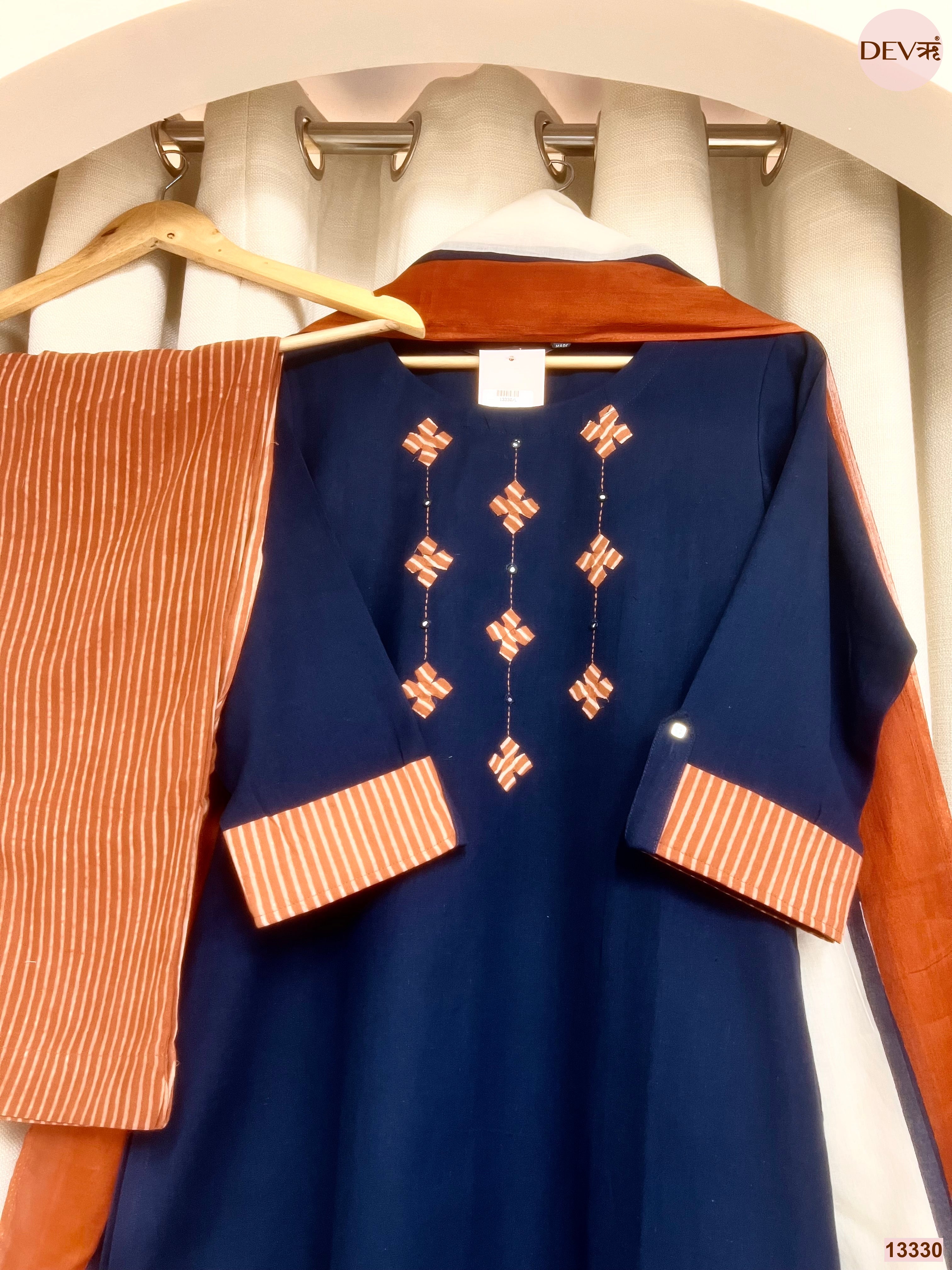 Varnika Cotton slub Printed Navy Blue 3-Piece Set (Devri – D.No 13330)