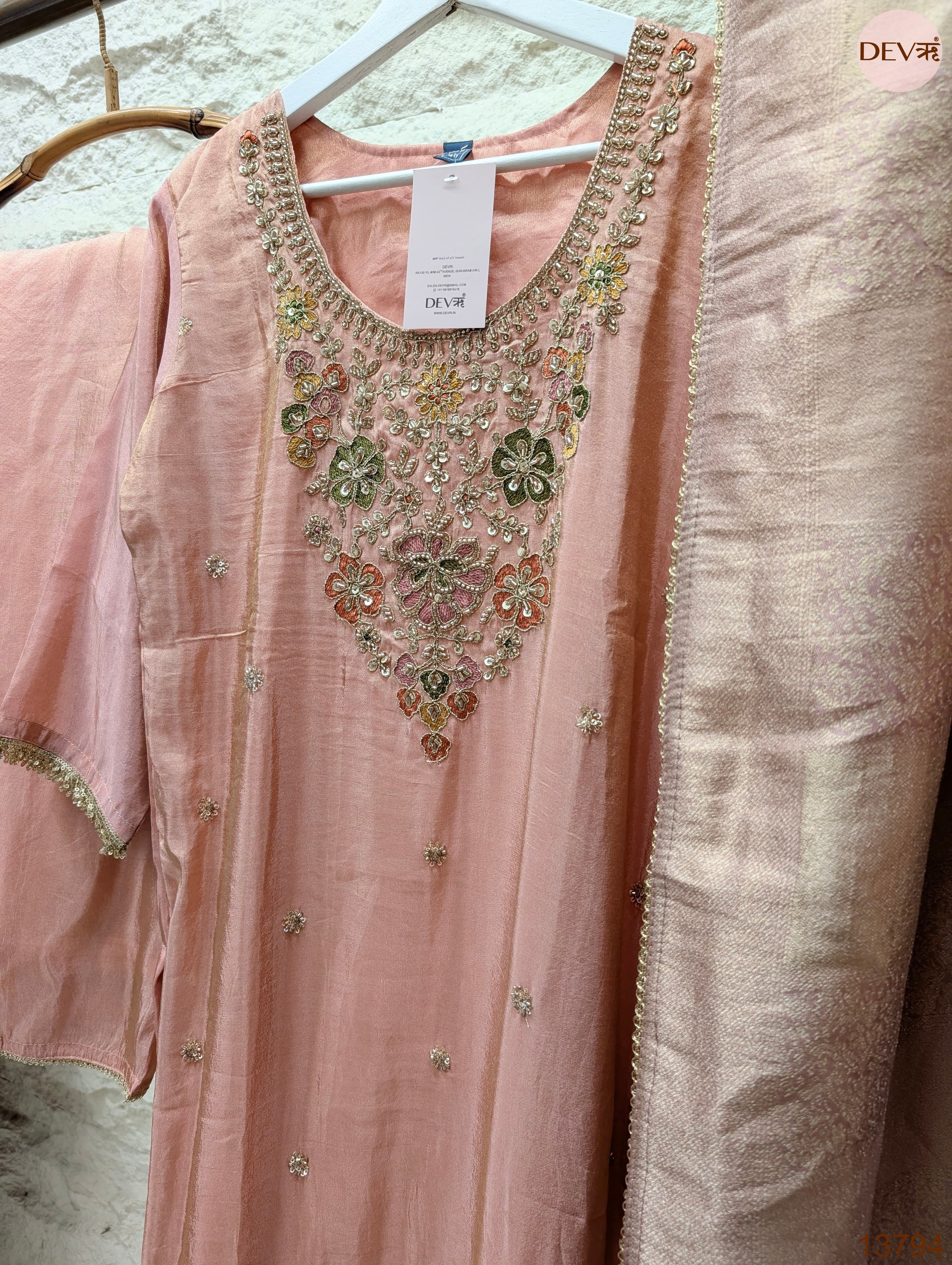 Gulnaar Tissue silk Embroidered Blush Pink 3-Piece Set (Devri – D.No 13794)