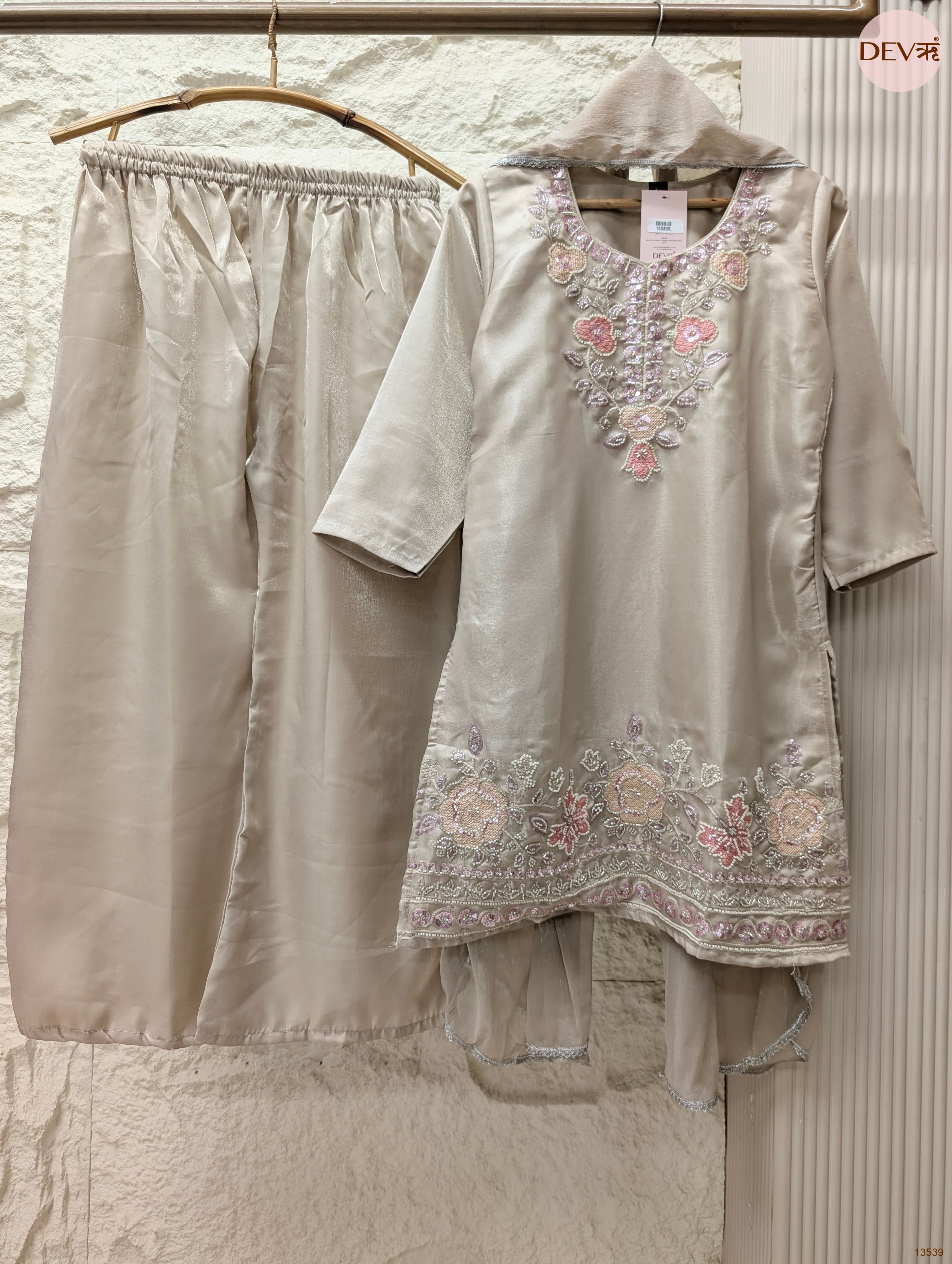 Gulnaar Roman Glass Silk Embroidered Beige 3-Piece Set (Devri – D.No 13539)