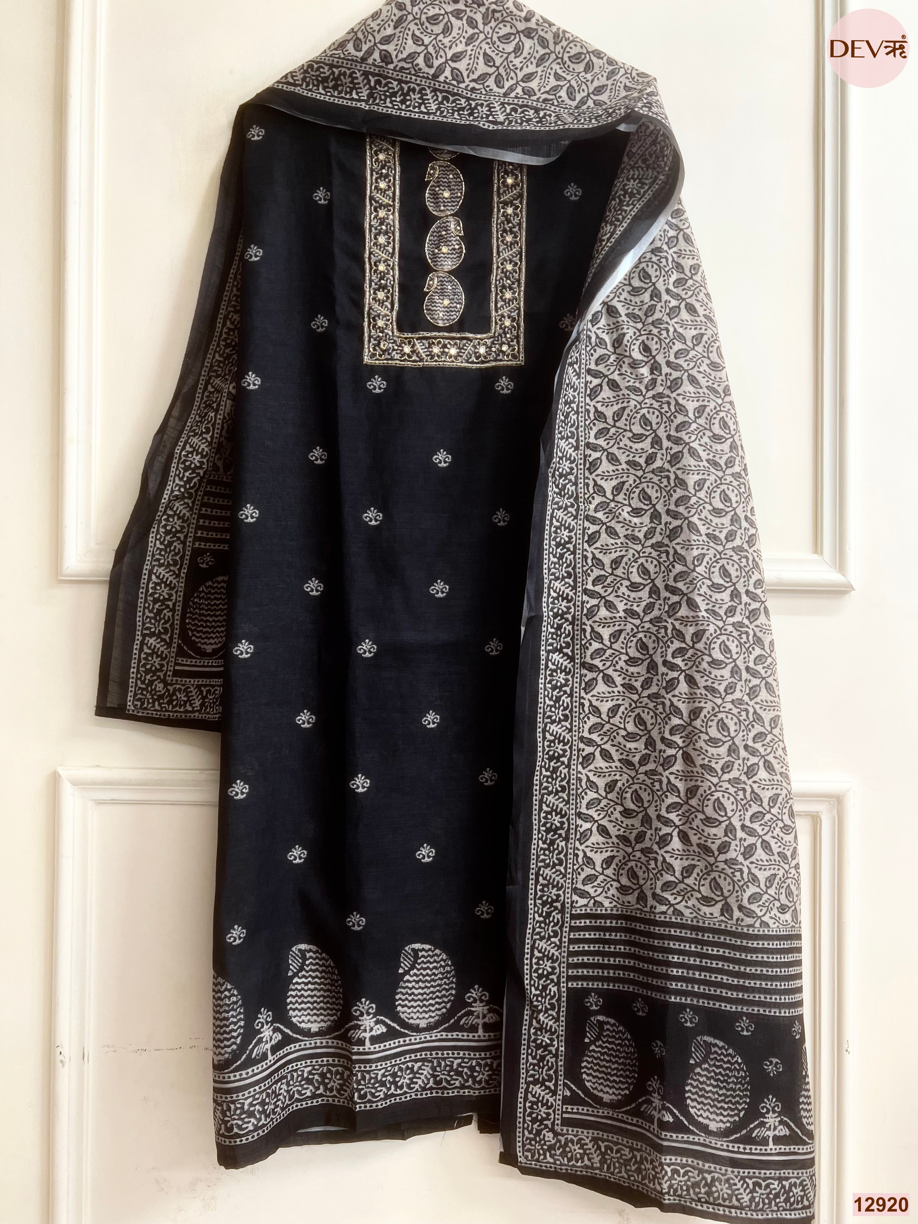 Black Linen Cotton Printed Unstitched 3-Piece Suit (Devri – D.No 12920)