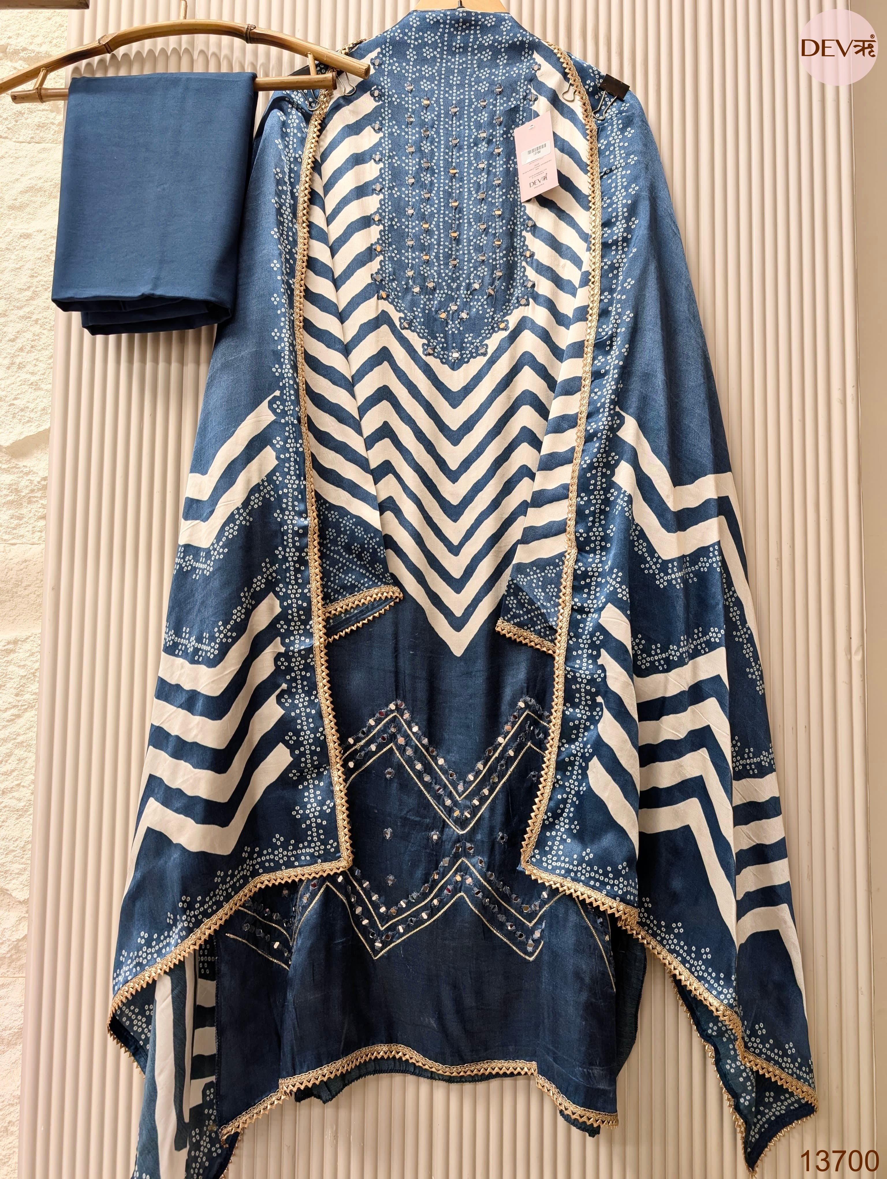 Blue Pure Gajji Silk Printed Unstitched 3-Piece Suit (Devri – D.No 13700)