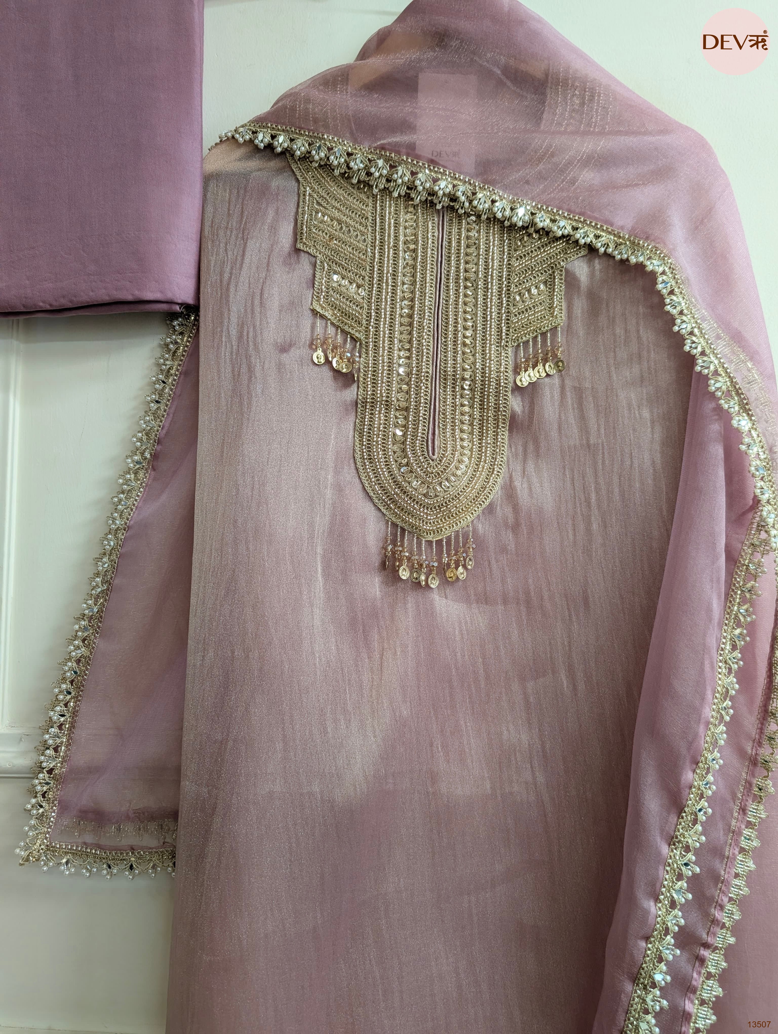 Pink Tissue Silk Hand Unstitched 3-Piece Suit (Devri – D.No 13507)
