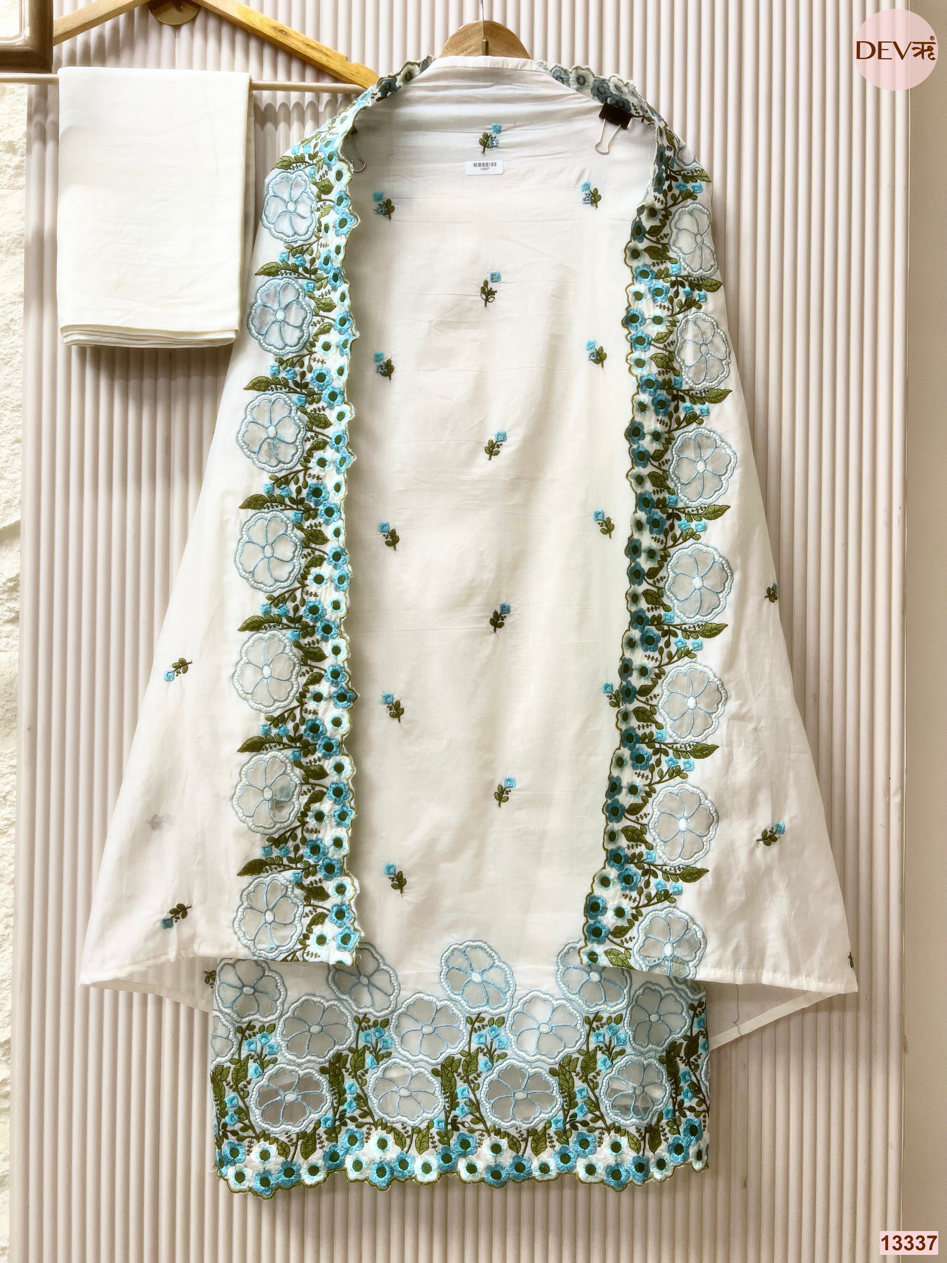 White Mul Chanderi Embroidered Unstitched 3-Piece Suit (Devri – D.No 13337)