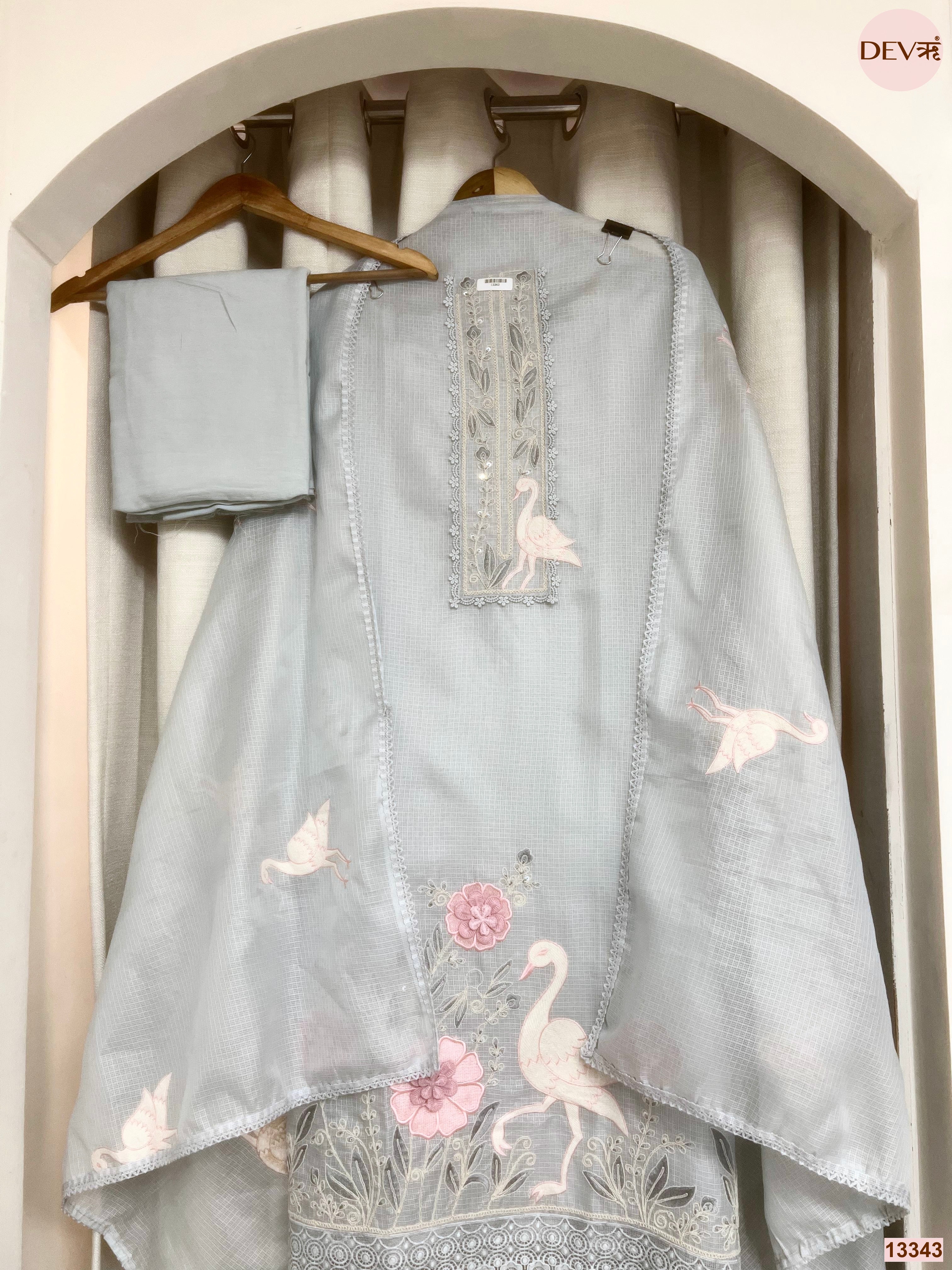 Grey Kota Embroidered Unstitched 3-Piece Suit (Devri – D.No 13343)