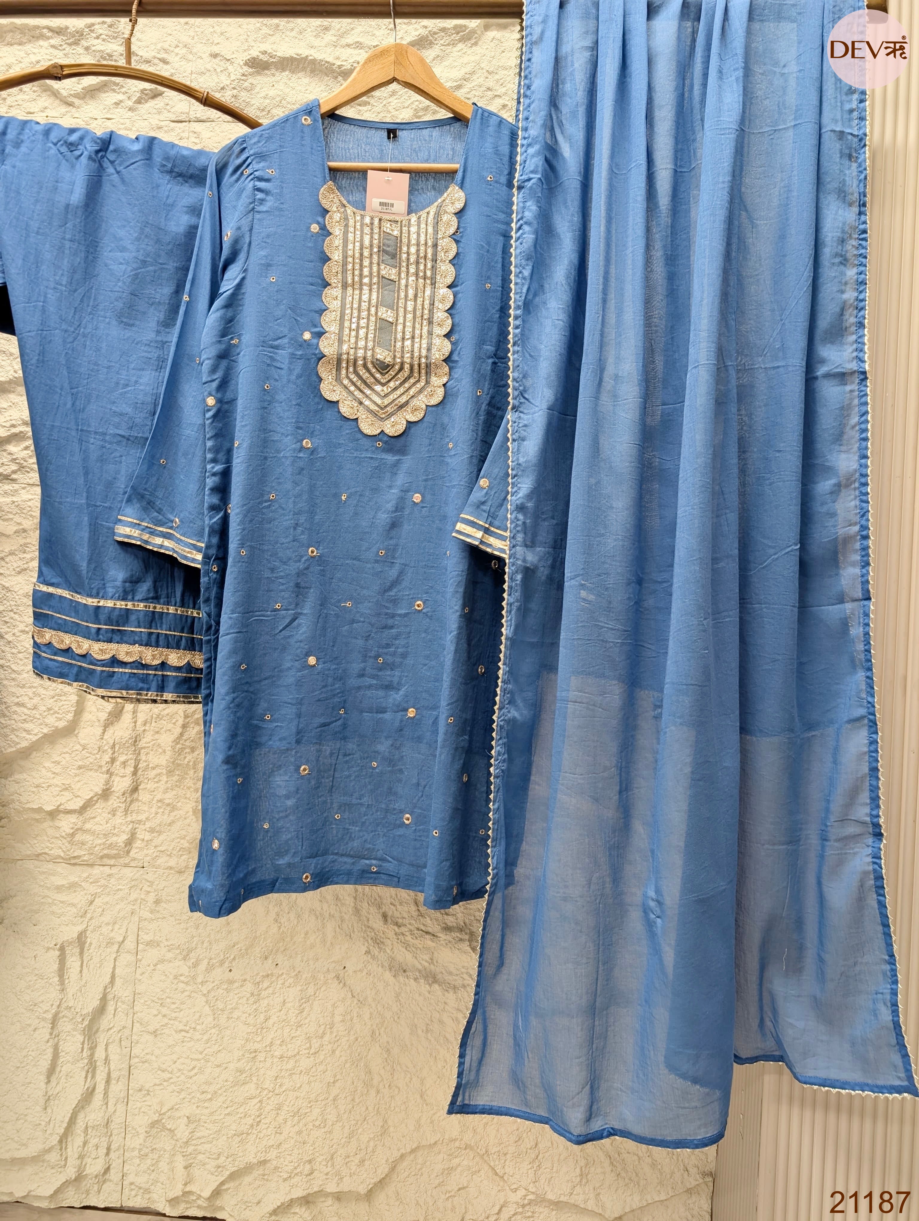 Neelika Pure mul cotton Embroidered Blue 3-Piece Set (Devri – D.No 21187)