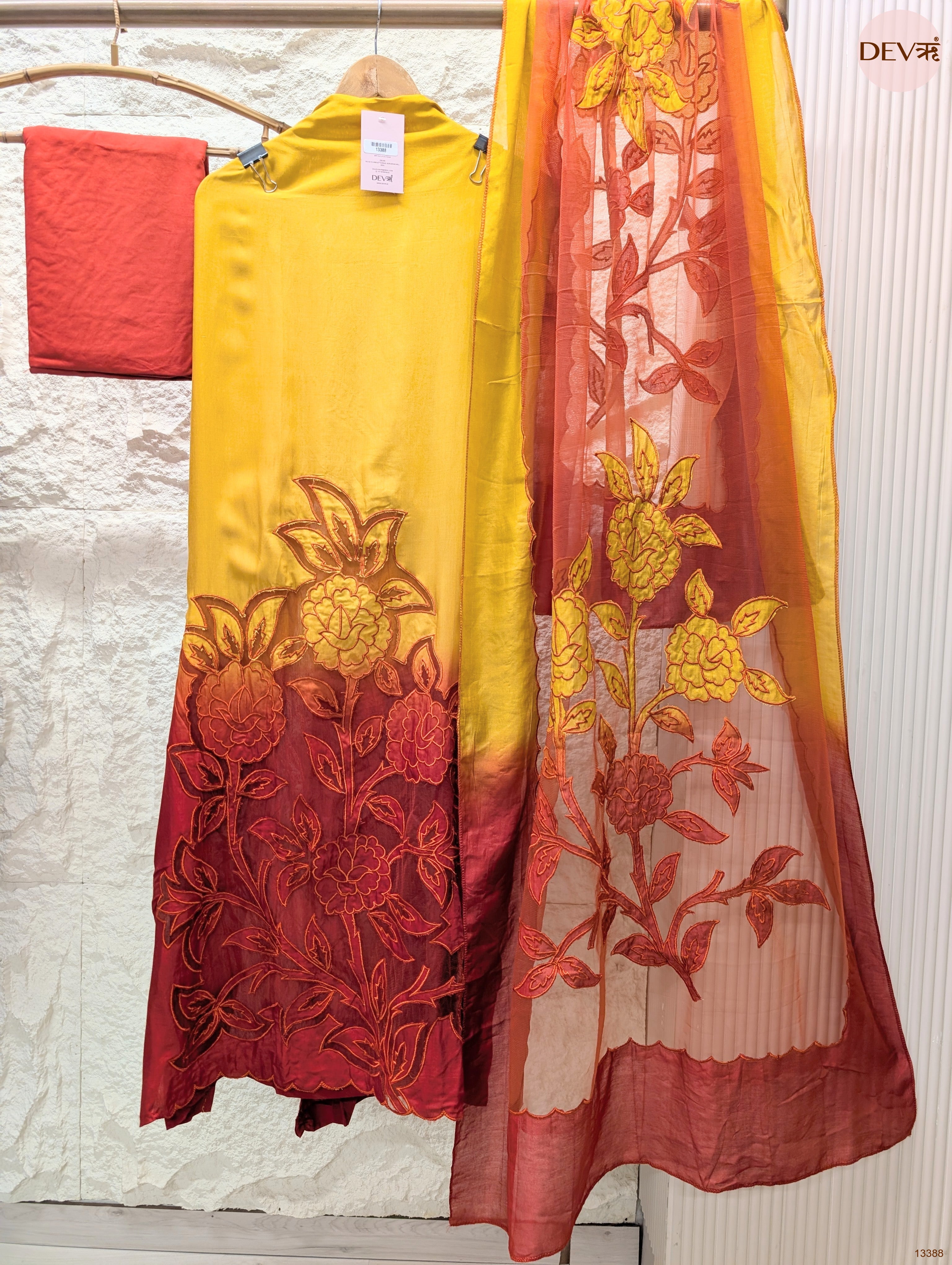 Mustard Muslin Embroidered Unstitched 3-Piece Suit (Devri – D.No 13388)