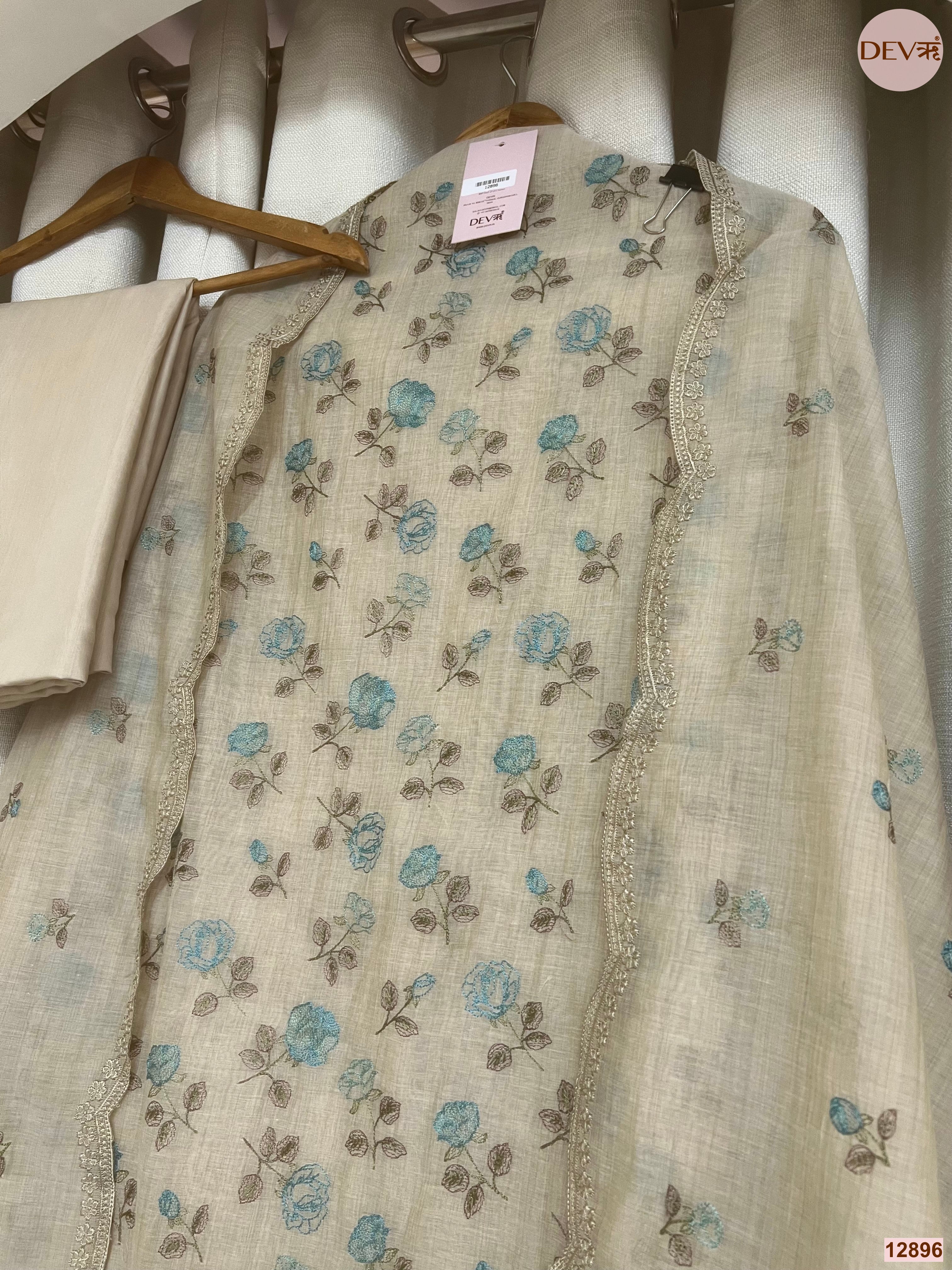Beige Mul Chanderi Printed Unstitched 3-Piece Suit (Devri – D.No 12896)