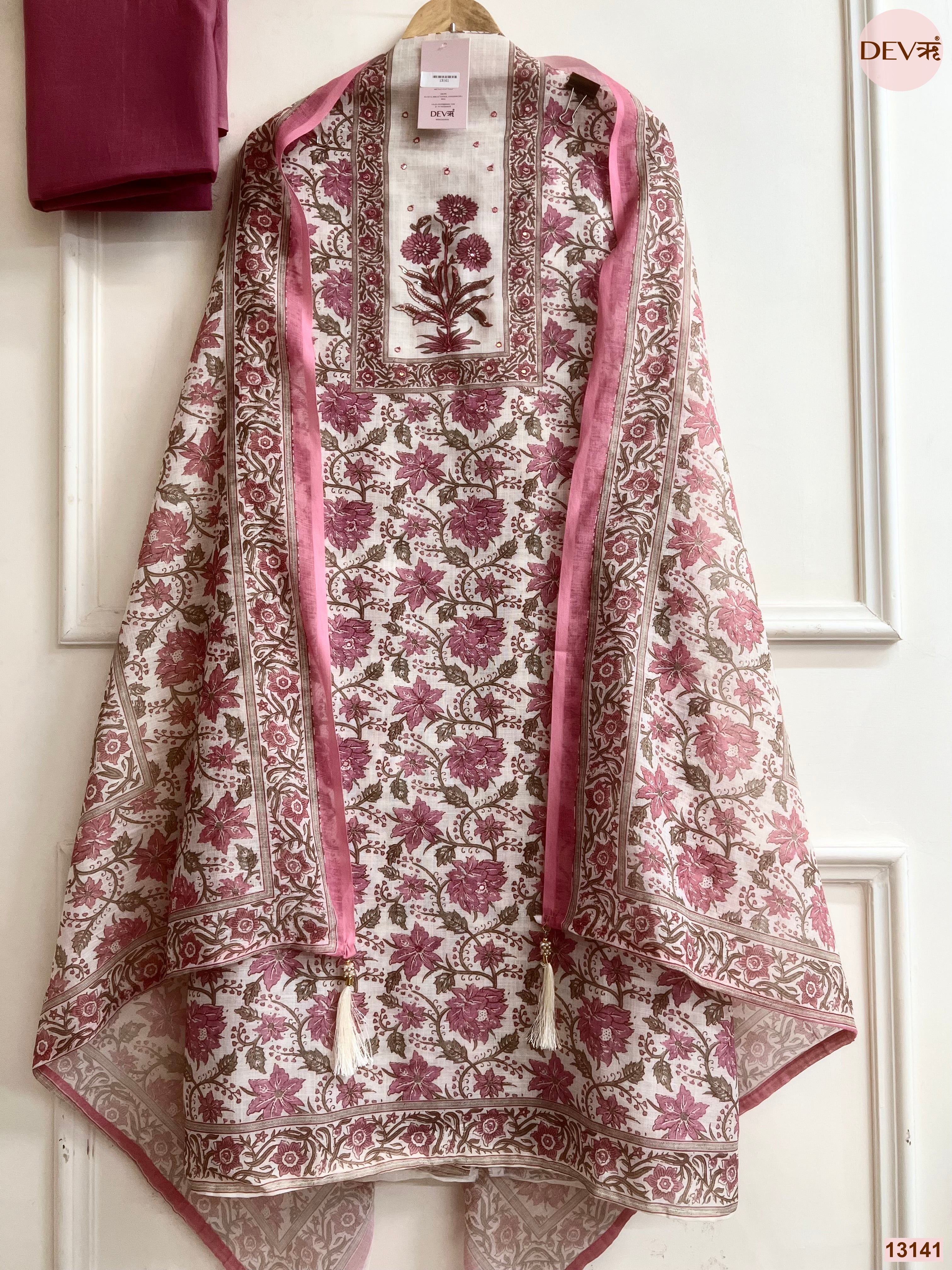 Pink Linen Printed Unstitched 3-Piece Suit (Devri – D.No 13141)