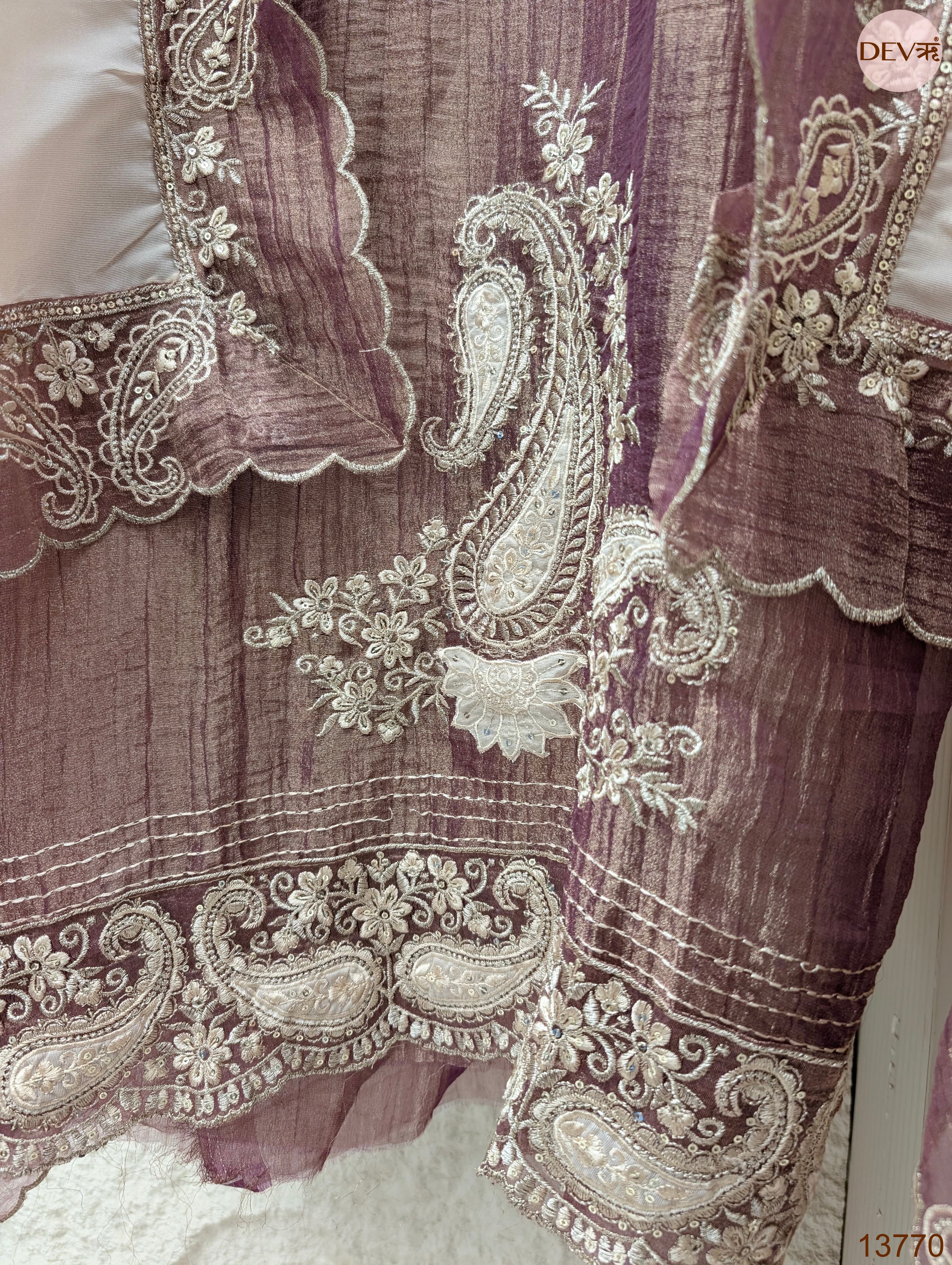 Mauve Pure Tissue Silk Embroidered Unstitched 3-Piece Suit (Devri – D.No 13770)
