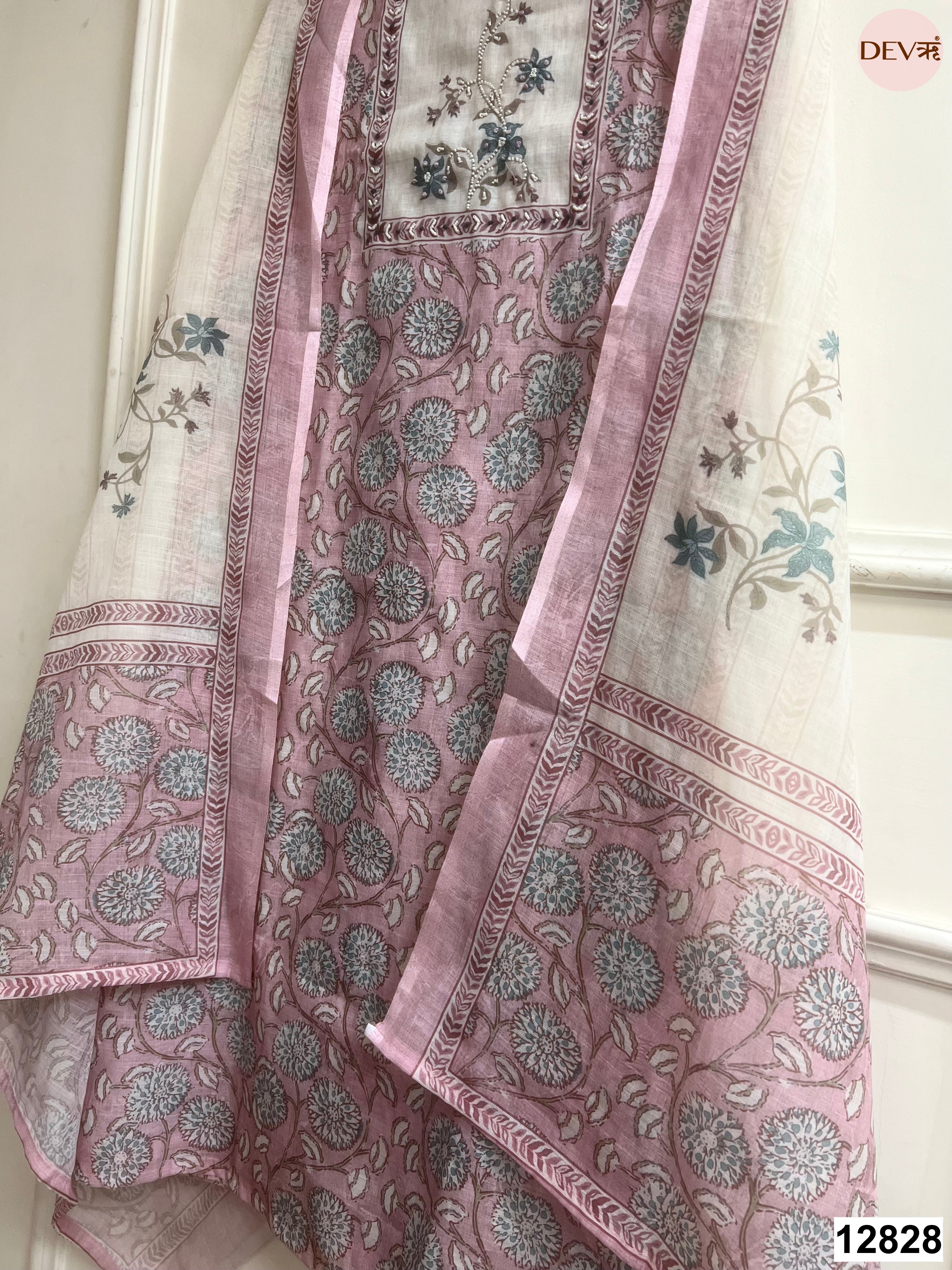 Pink Linen Cotton Printed Unstitched 3-Piece Suit (Devri – D.No 12828)