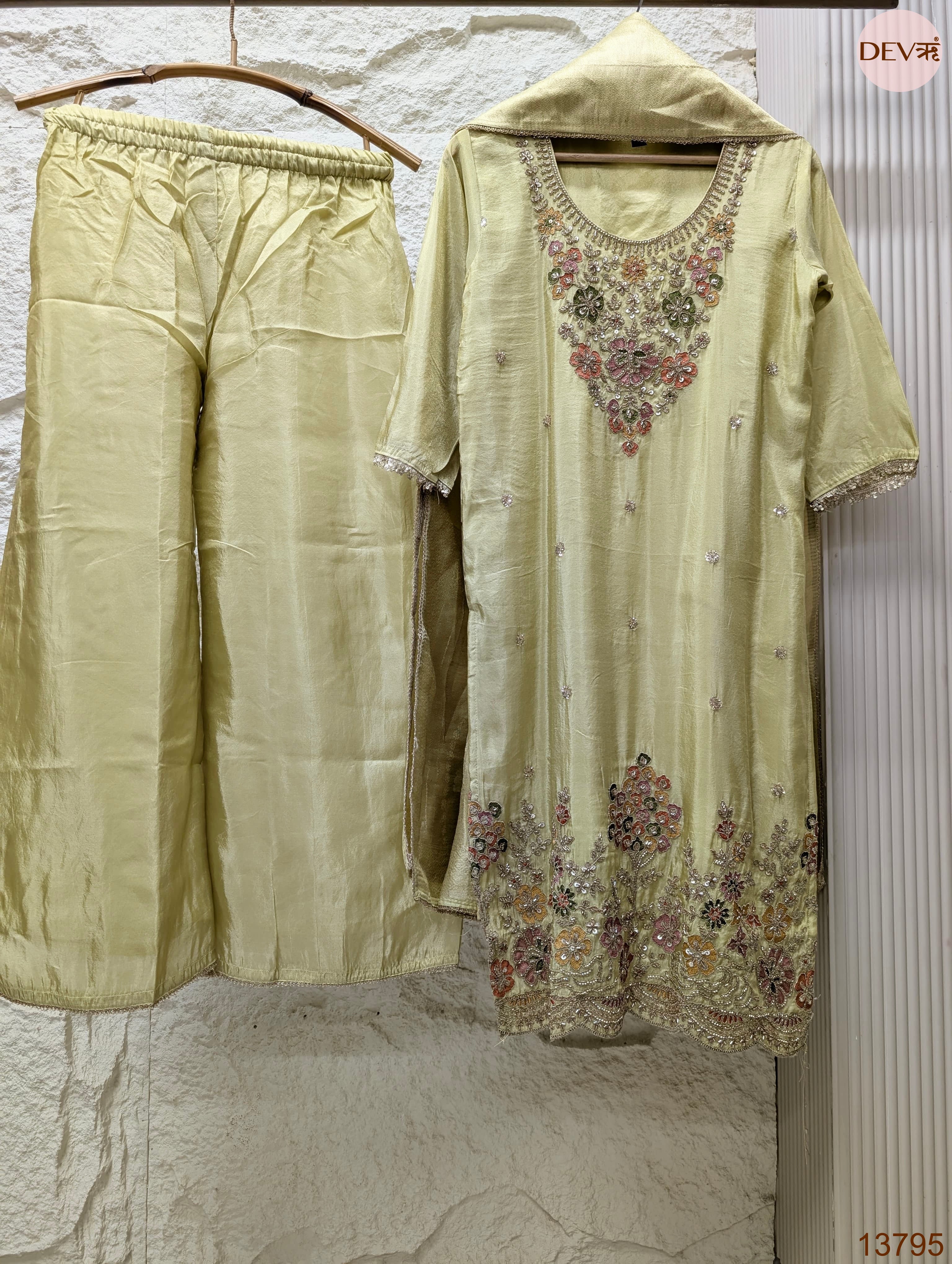 Gulnaar Tissue silk Embroidered Lime Green 3-Piece Set (Devri – D.No 13795)