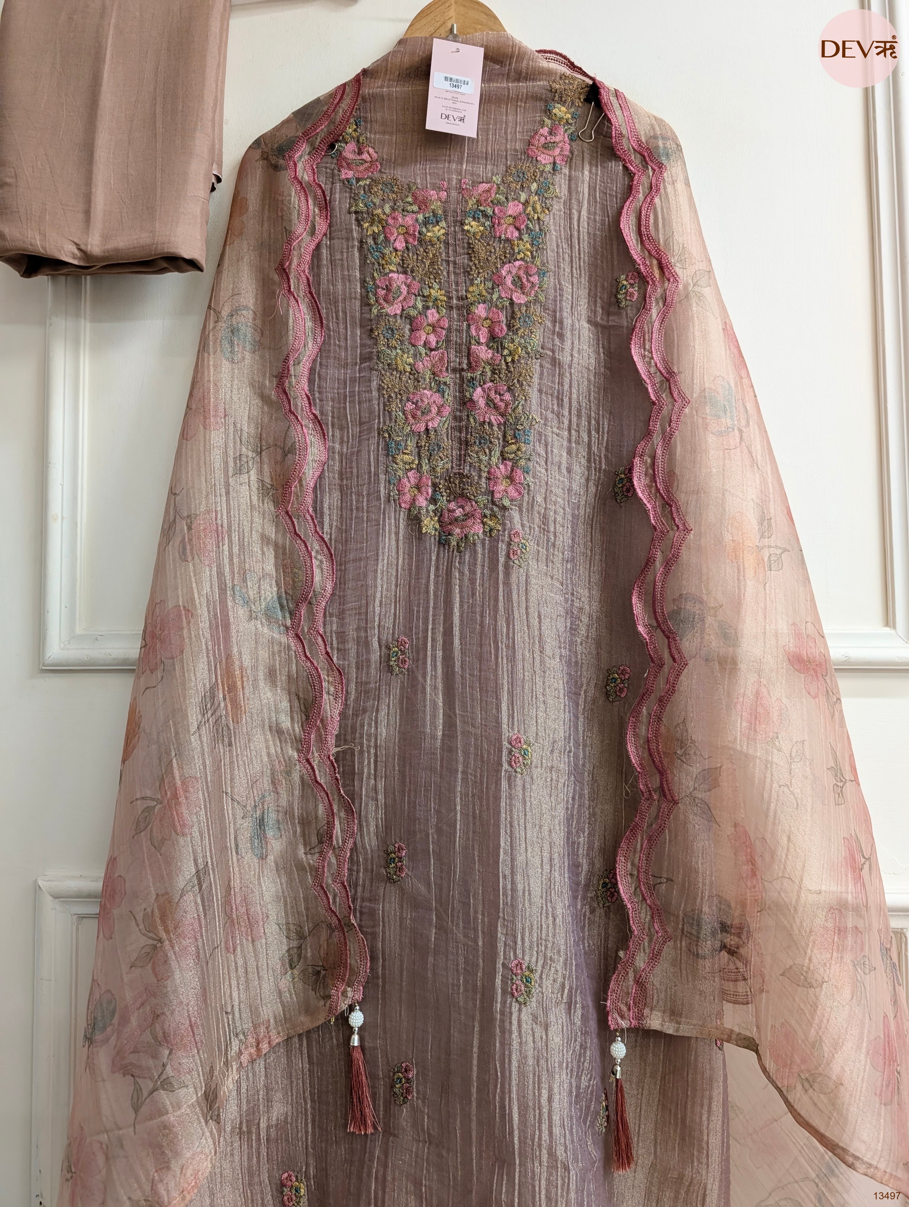 Taupe Tissue Crush Silk Embroidered Unstitched 3-Piece Suit (Devri – D.No 13497)